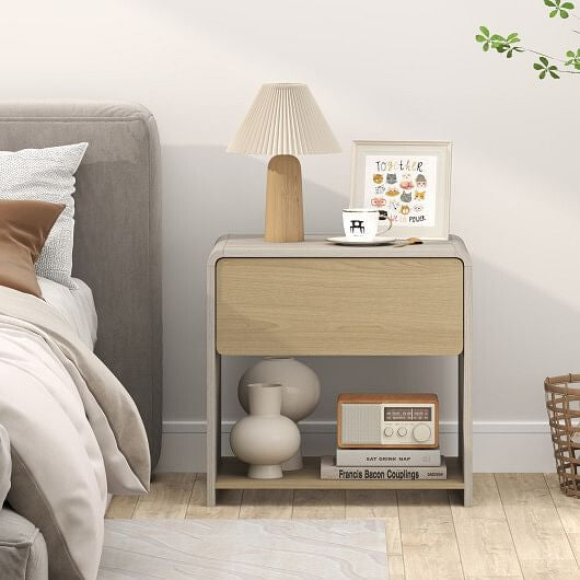 Wooden nightstand with decorative items in a bedroom setting
