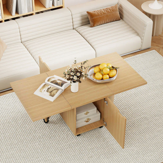 Wooden coffee table with storage drawers in a living room setting