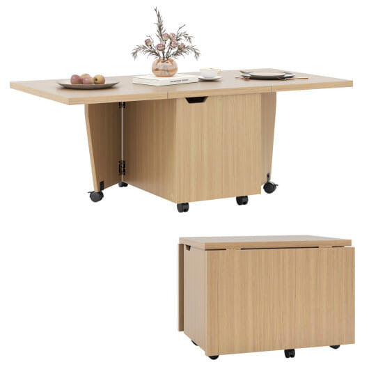 Foldable wooden table with storage compartment on a white background