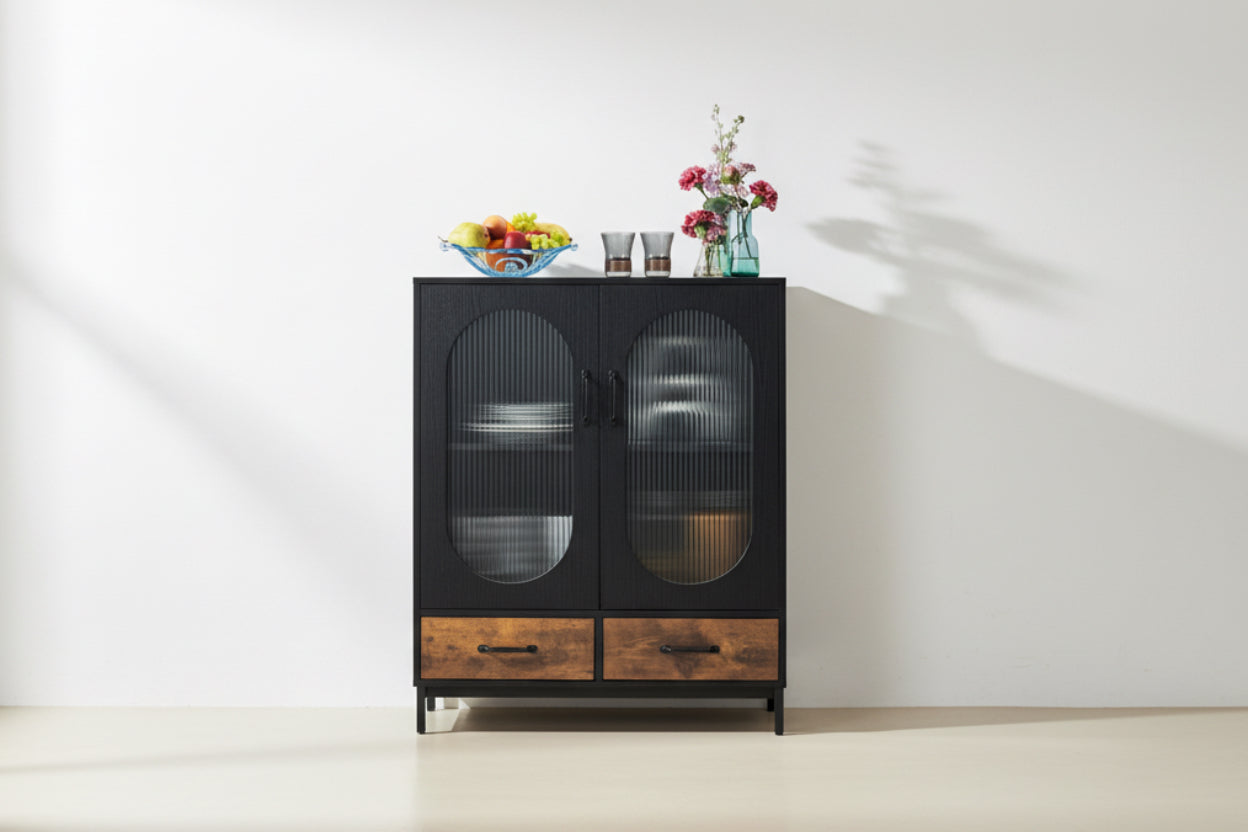Modern Black Brown Metal Wood Sideboard Dining Buffet Cabinet with Glass Doors-0