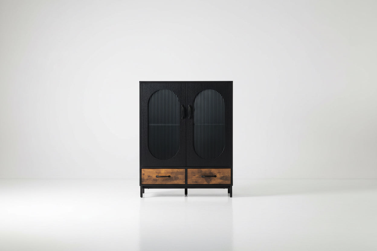 Modern Black Brown Metal Wood Sideboard Dining Buffet Cabinet with Glass Doors-1