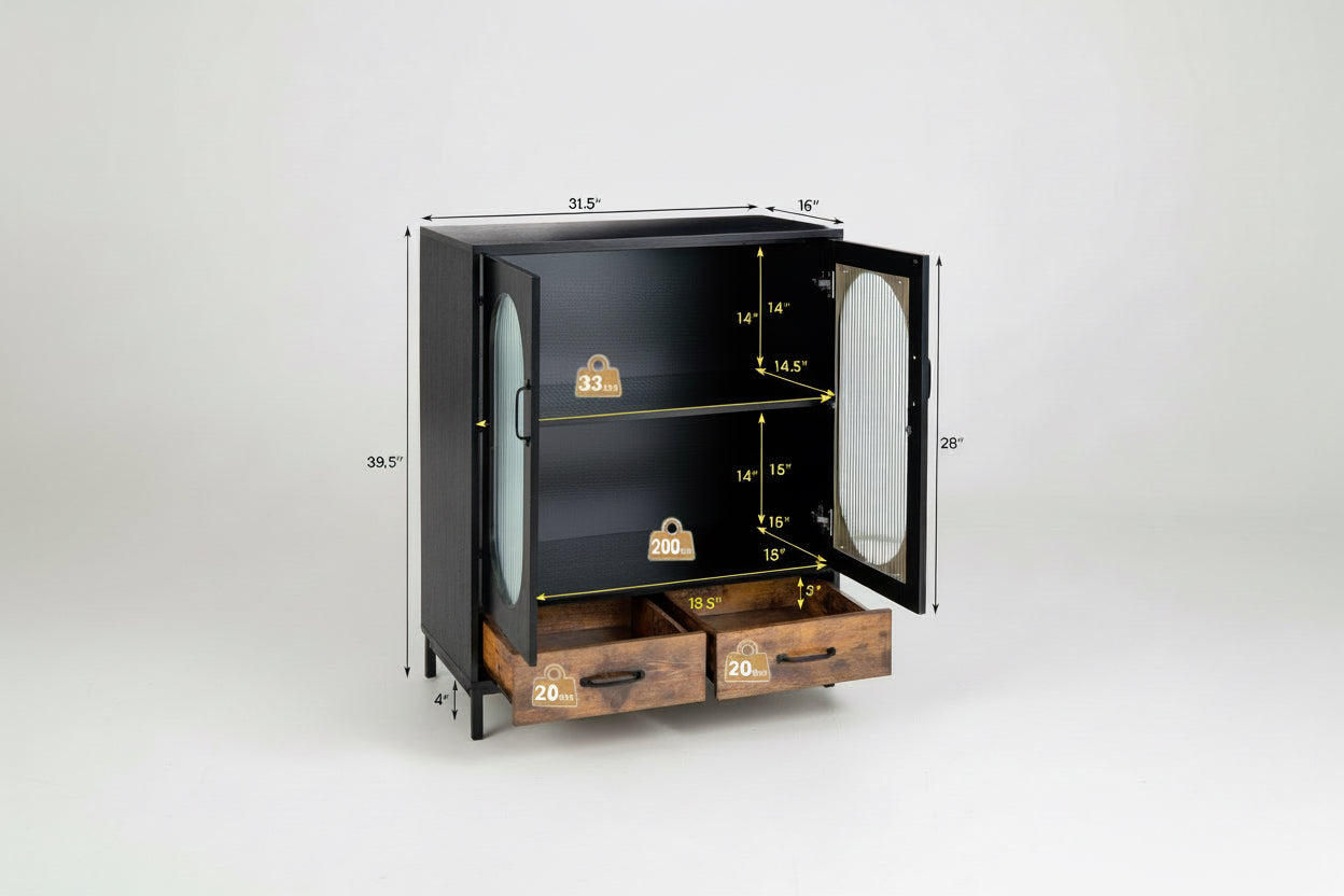 Modern Black Brown Metal Wood Sideboard Dining Buffet Cabinet with Glass Doors-4