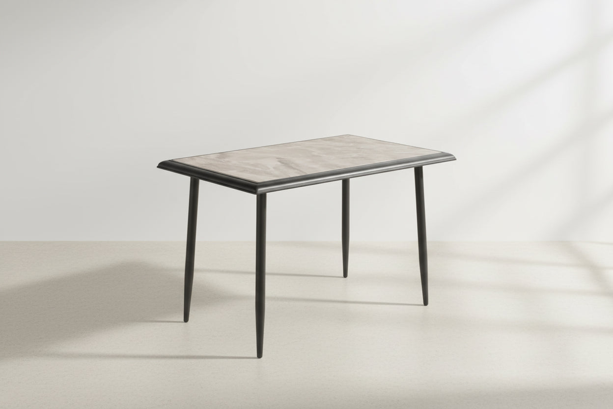 Rectangular table with a tiled surface on a white background