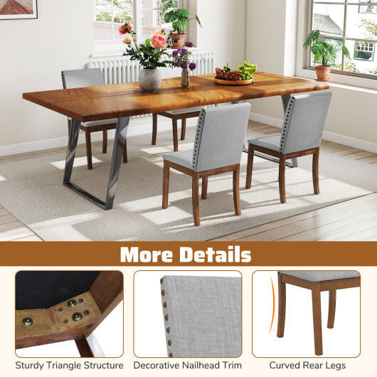 Dining table with chairs in a room with large windows, featuring a brown border with product details.