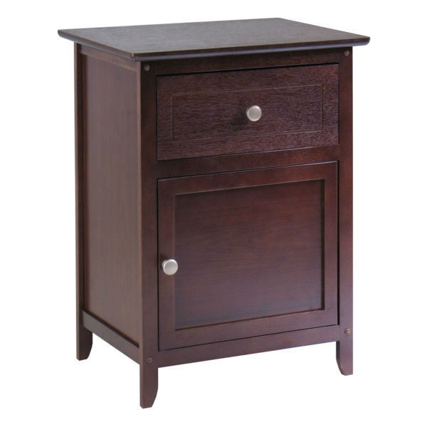 Wooden nightstand with a drawer and a door on a white background