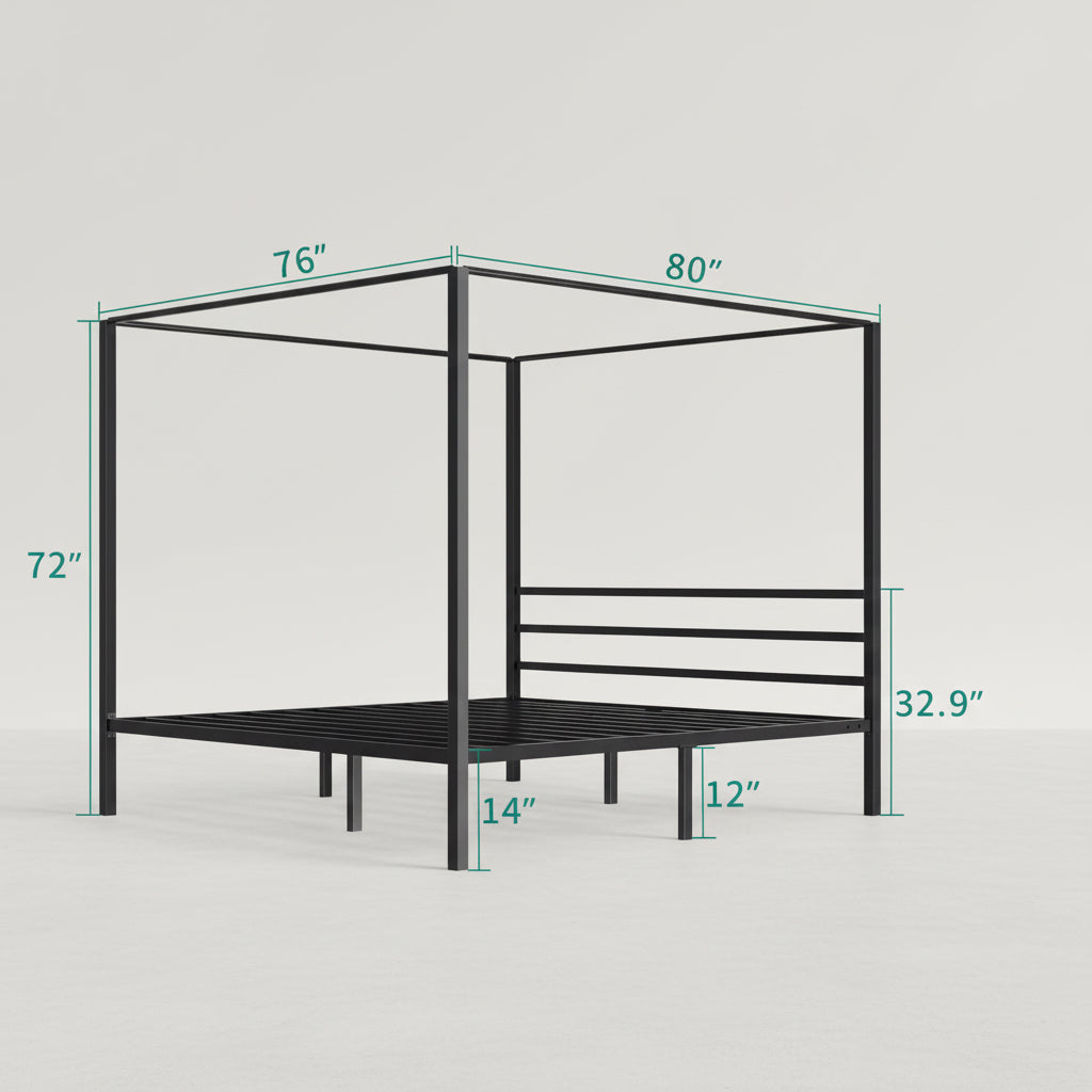 King size Modern Four Poster Metal Canopy Bed in Black Finish-4