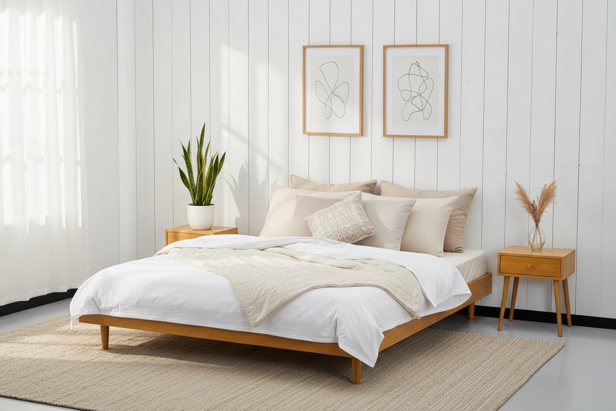 Bed with wooden frame and green bedding in a minimalistic room.