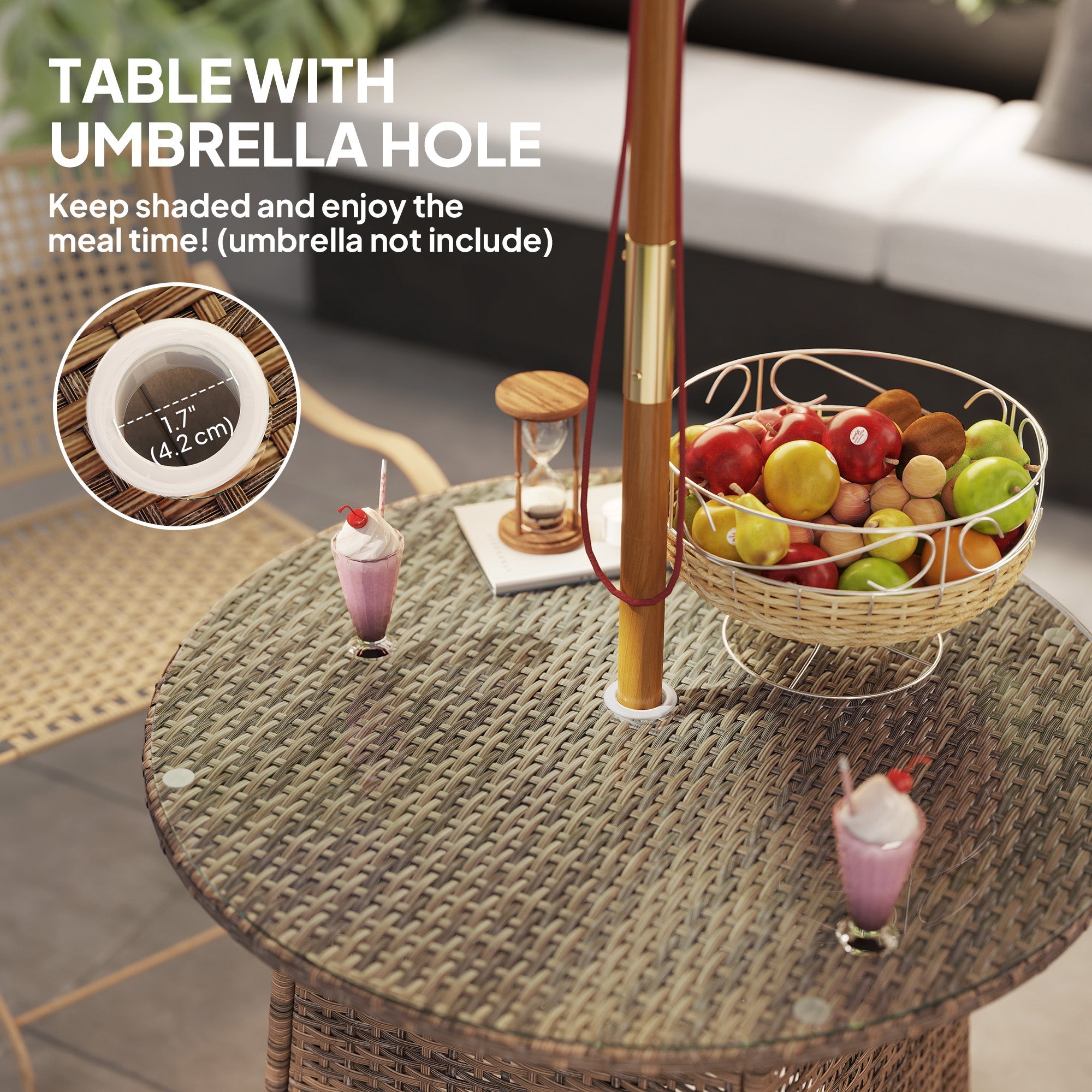 Wicker Garden Rattan Table, Patio Furniture Outdoor Coffee Table with Umbrella Hole and Tempered Glass Top, Brown-4