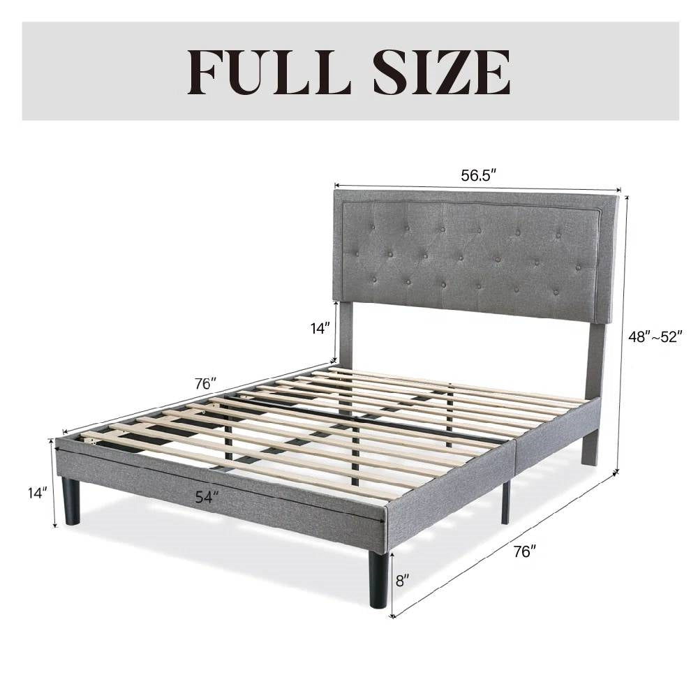 Full size Grey Linen Upholstered Platform Bed Frame with Button-Tufted Headboard-3