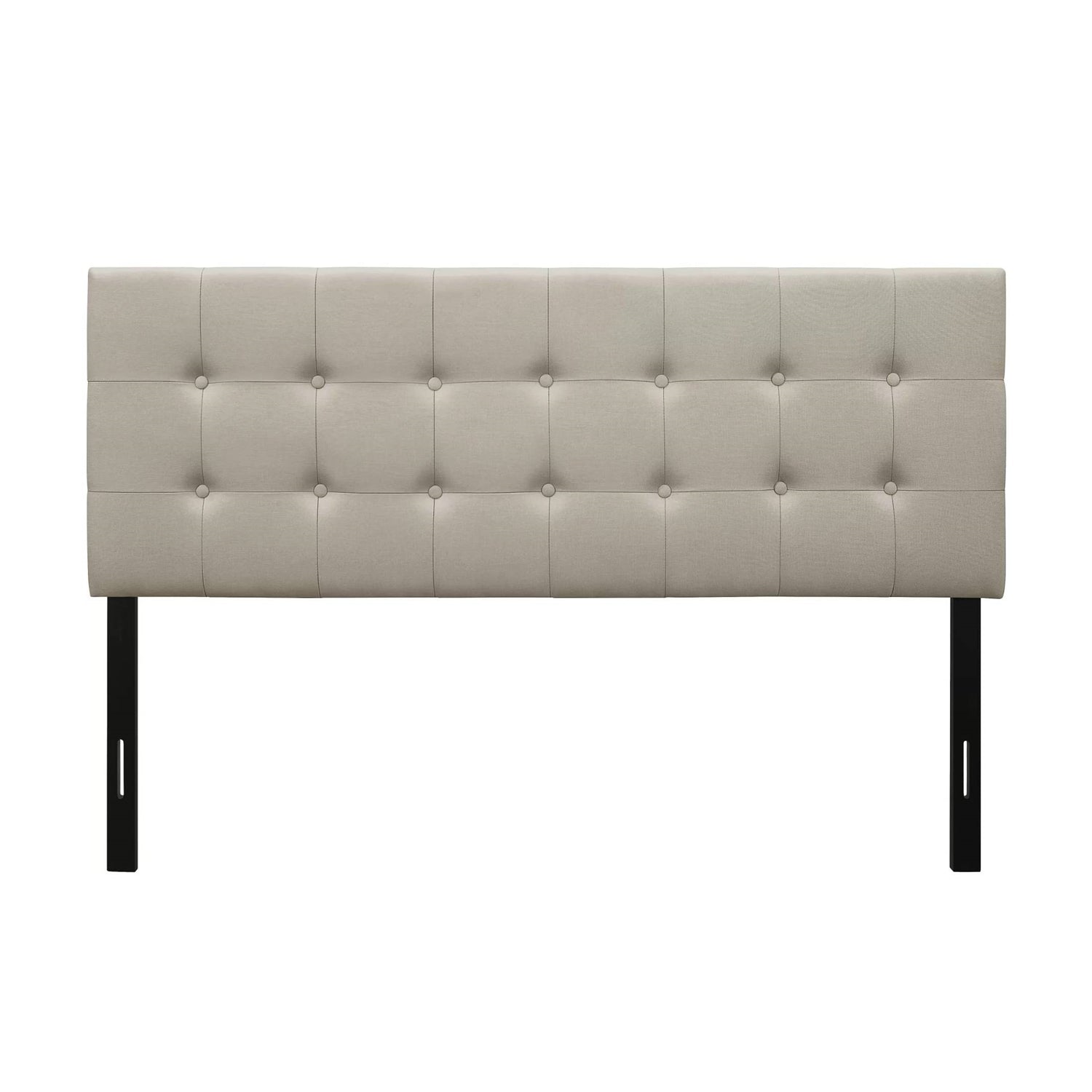 Beige tufted headboard with black legs on a white background