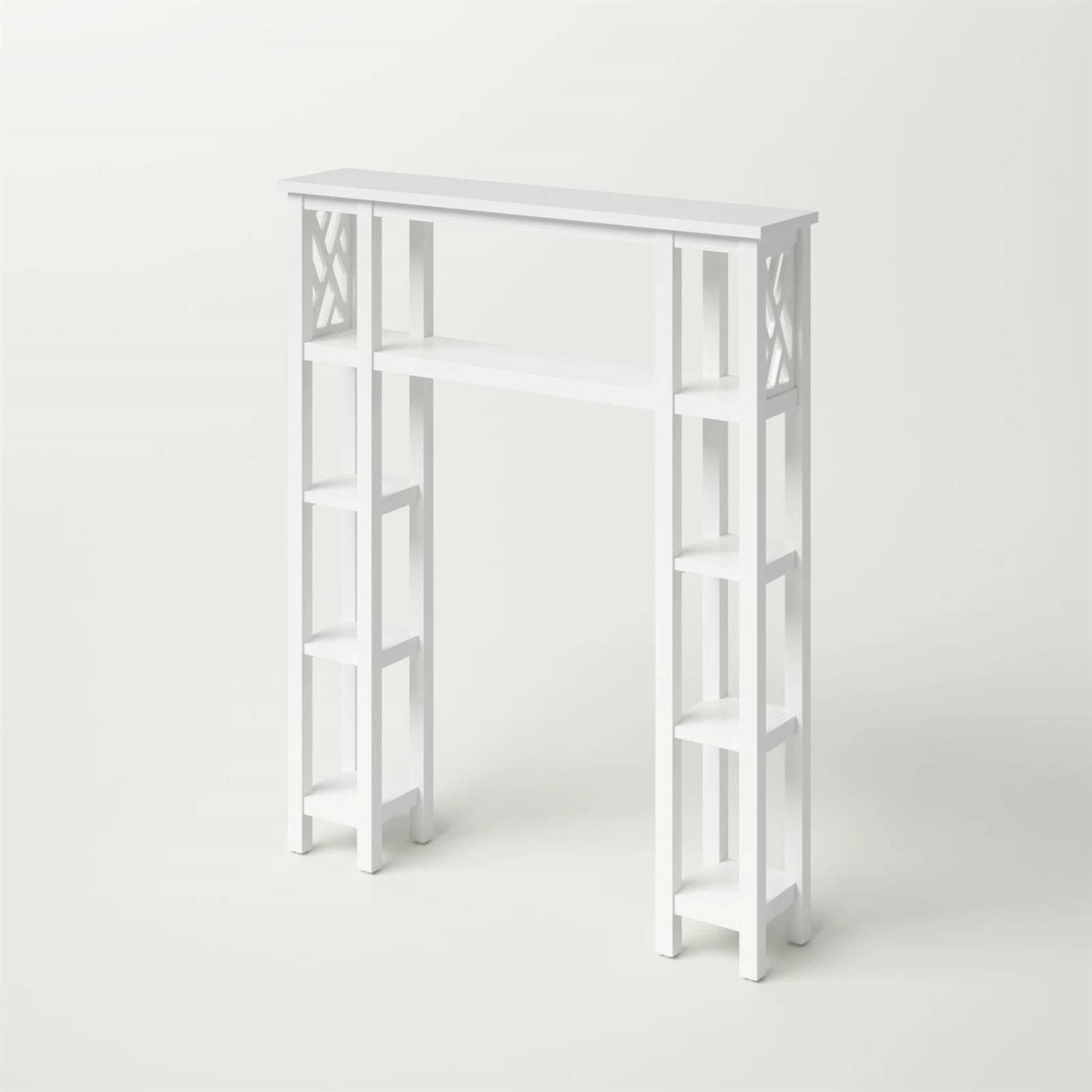 White console table with geometric design on a white background