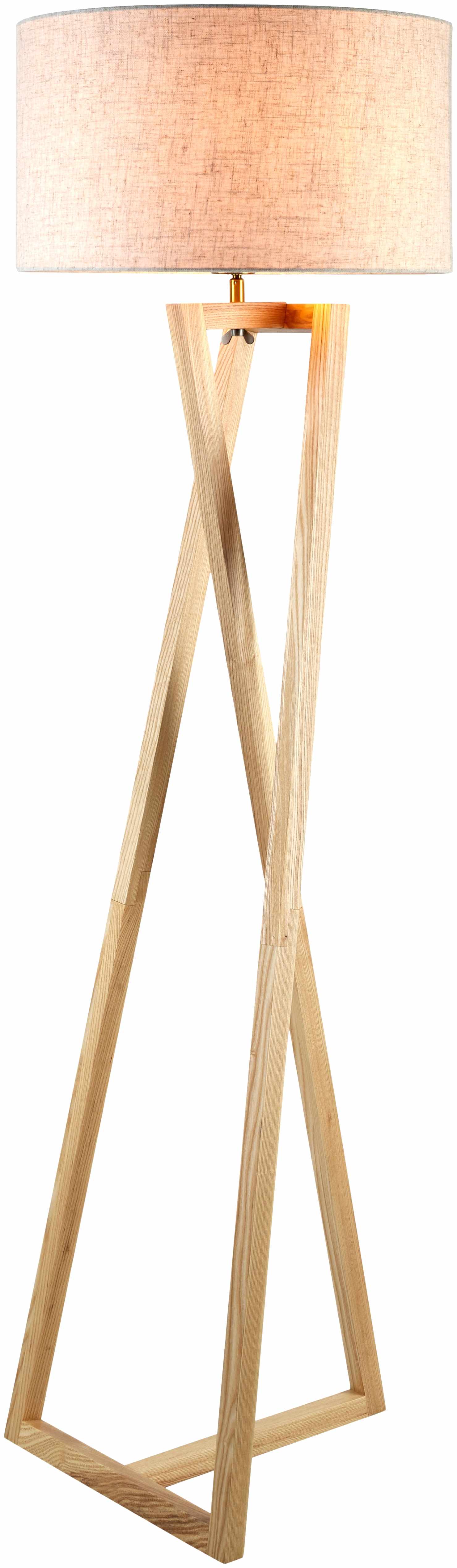 Wooden floor lamp with a beige lampshade on a white background