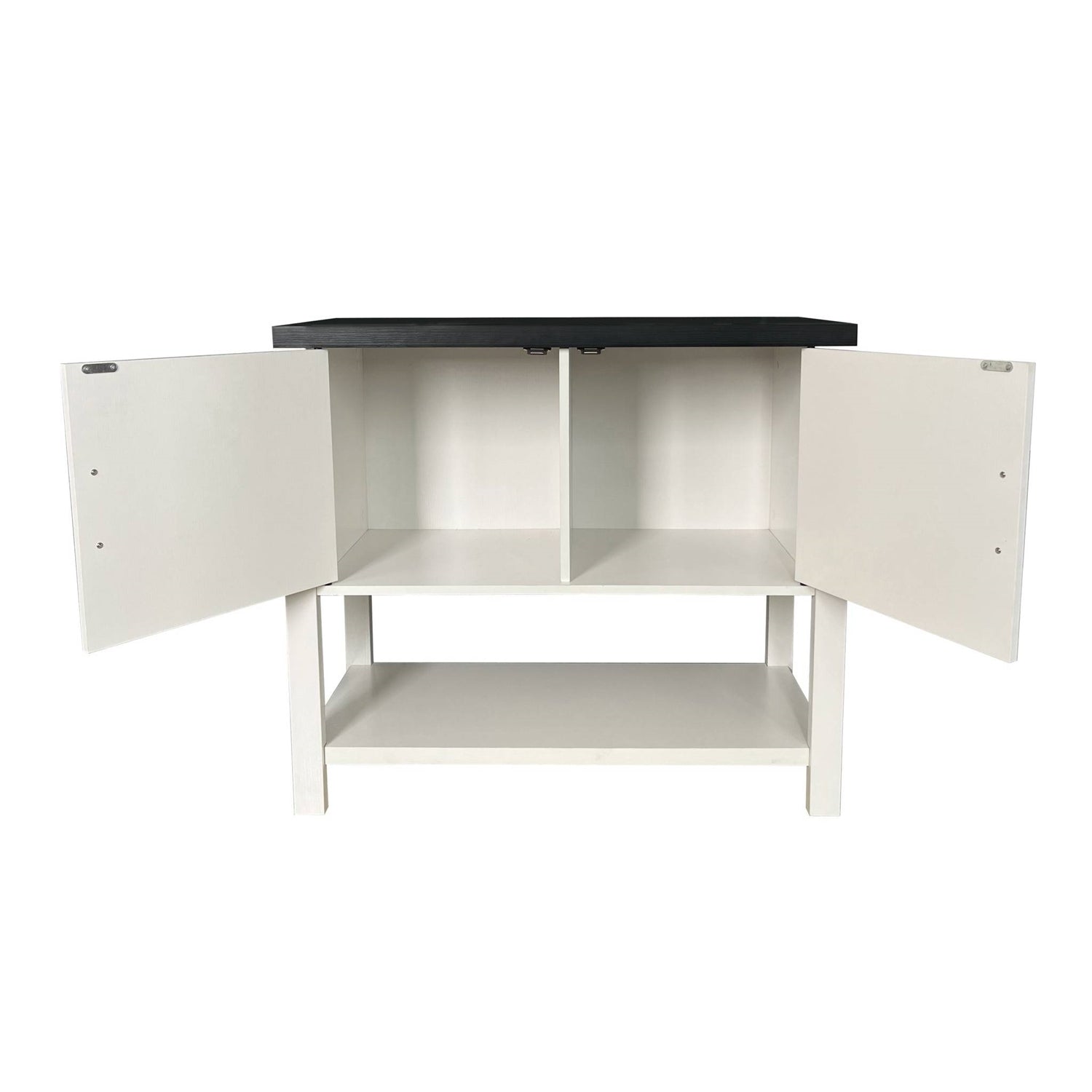 White corner cabinet with black countertop on a white background