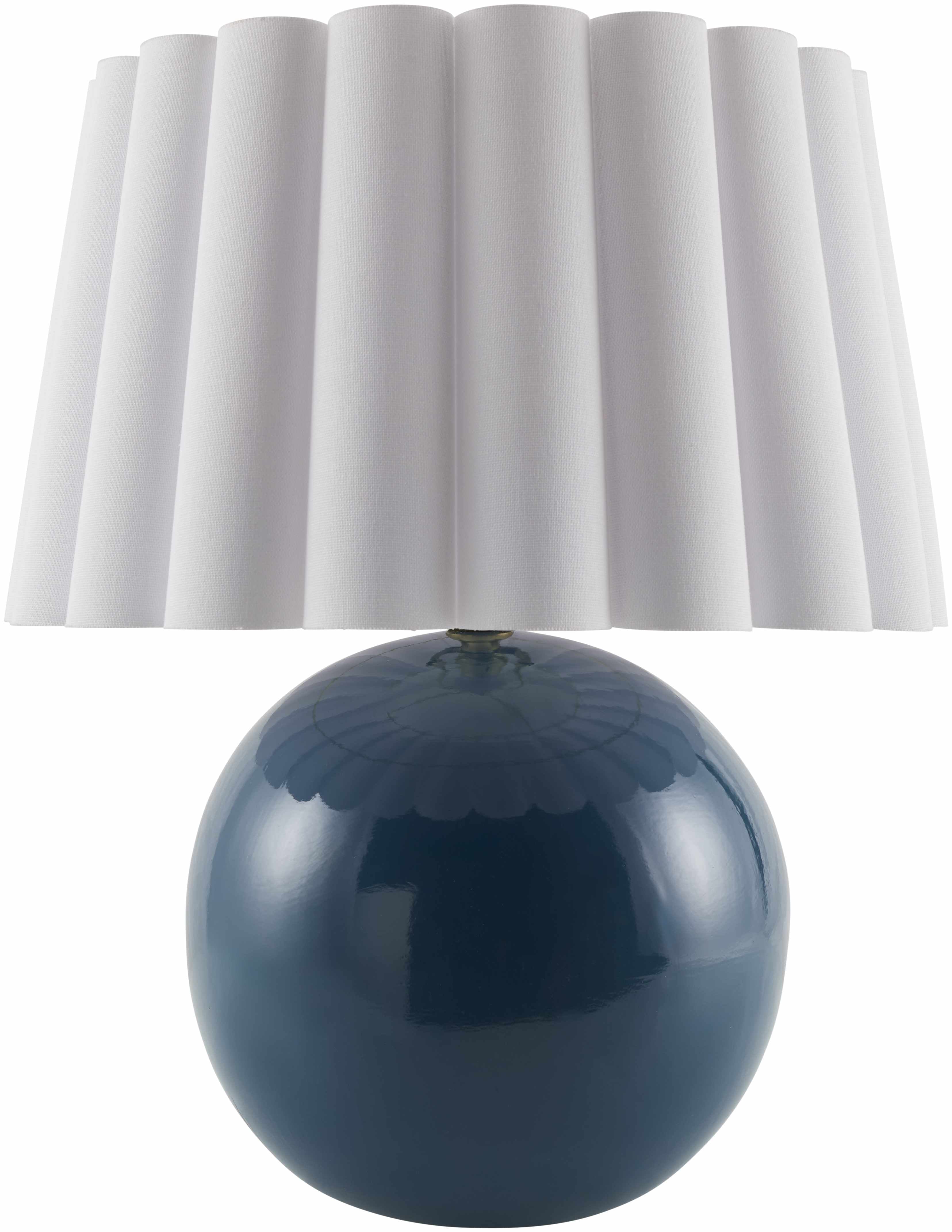 Table lamp with a blue base and white pleated shade on a white background