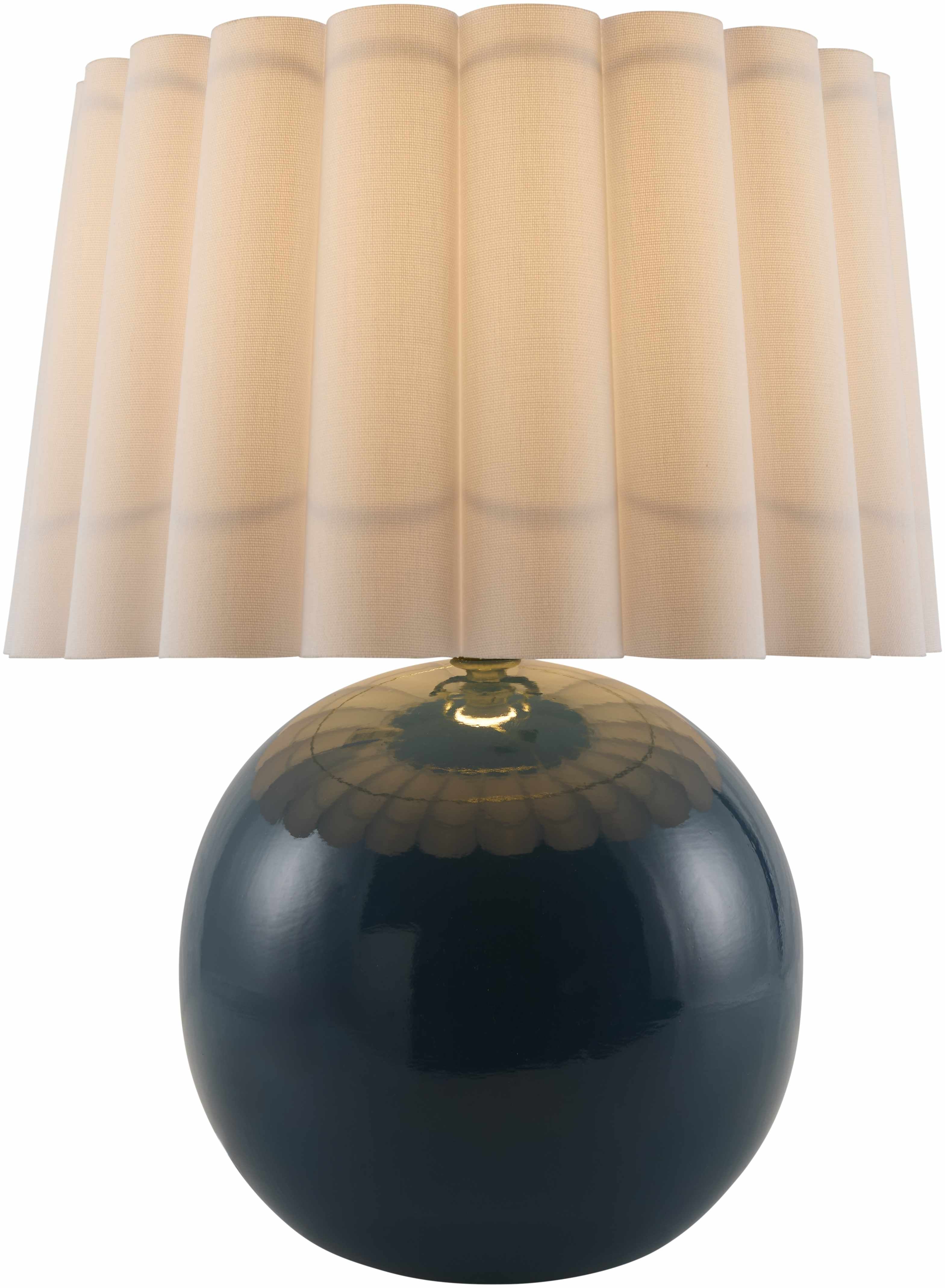 Table lamp with a dark base and beige pleated shade on a white background