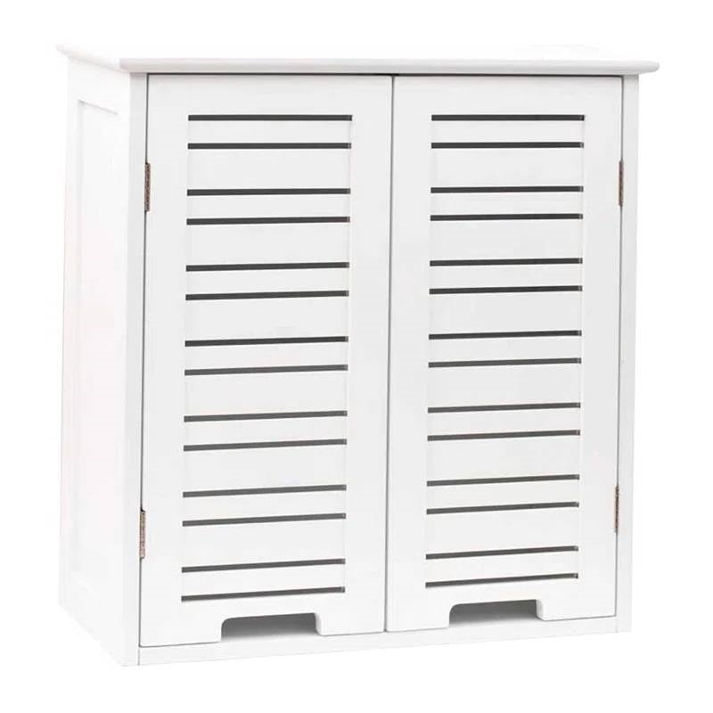 White wall-mounted cabinet with shutter doors on a white background