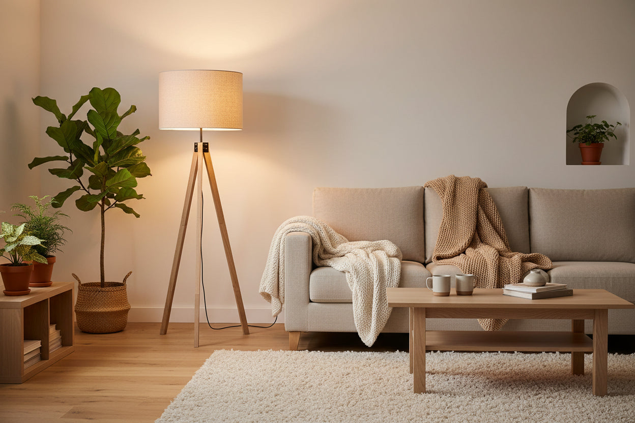 Wooden tripod floor lamp with beige lampshade on a white background