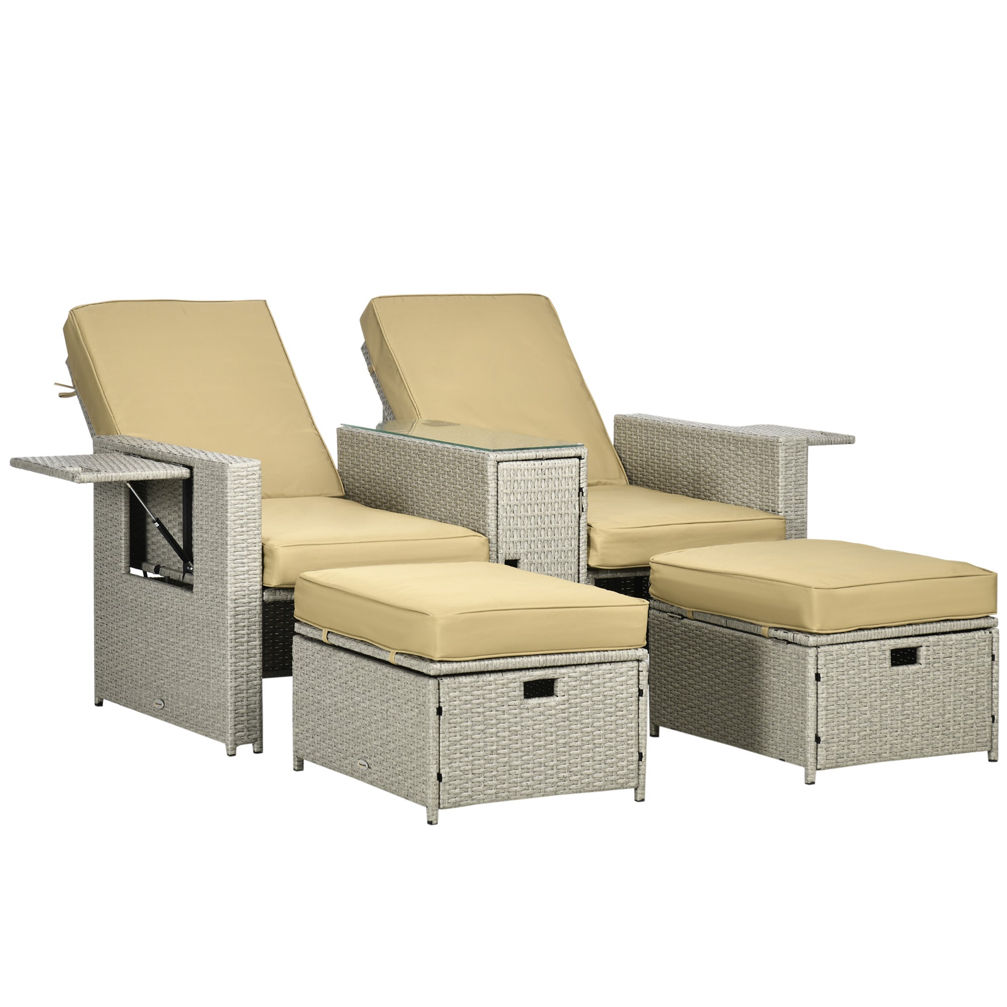 5 Piece PE Rattan Sun Lounger Set with Adjustable Recliners Beige-0