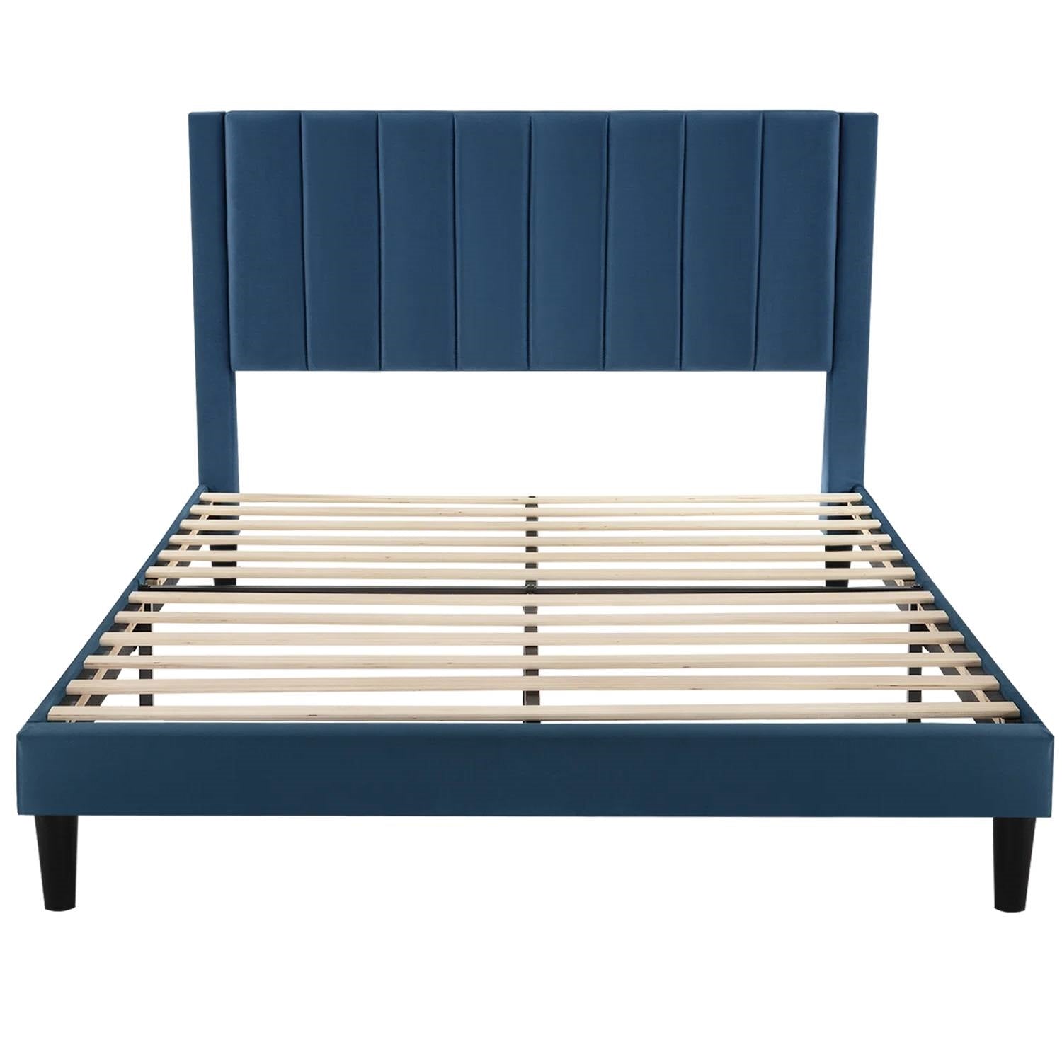 Blue upholstered bed frame with wooden slats on a white background