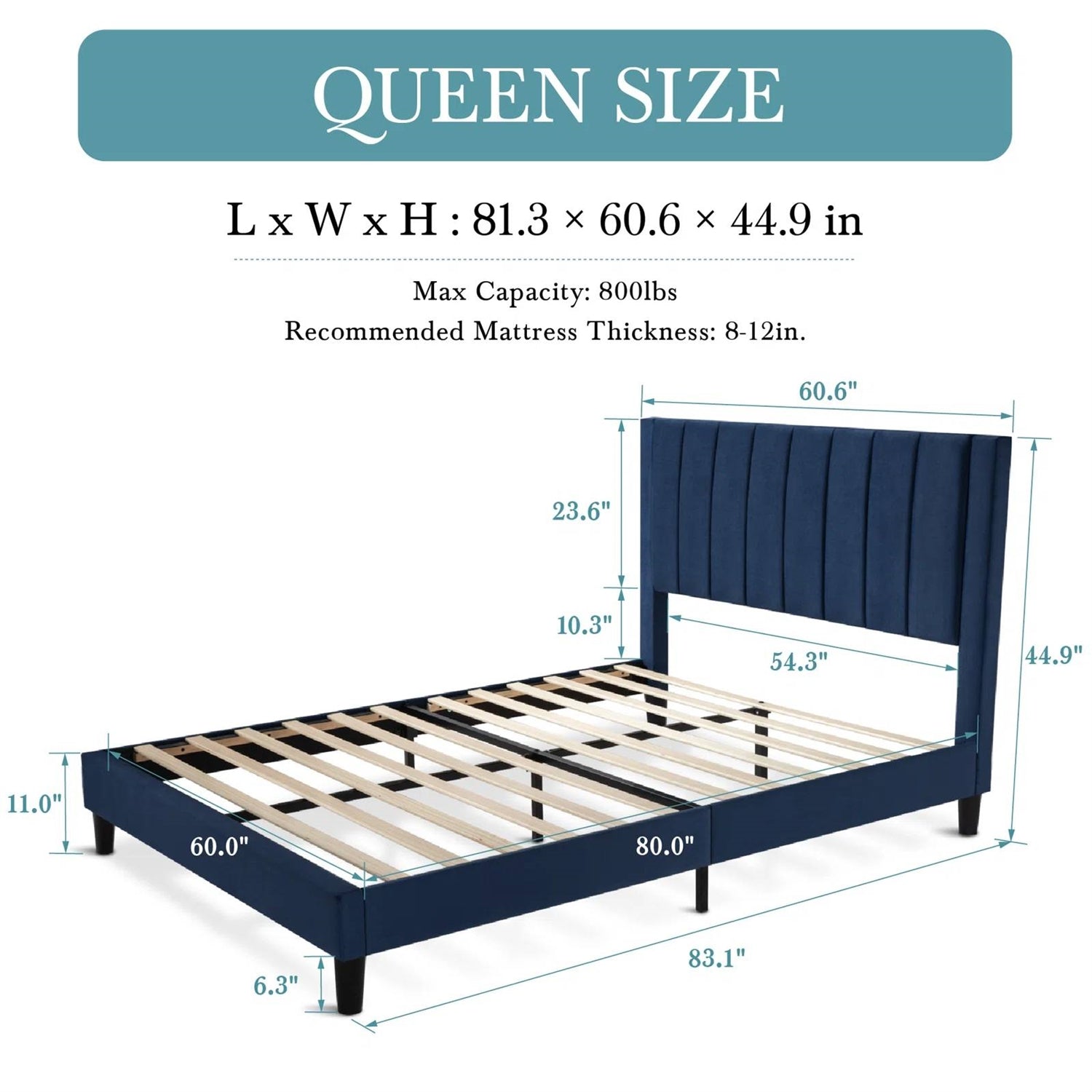 Queen size bed frame with dimensions on a white background