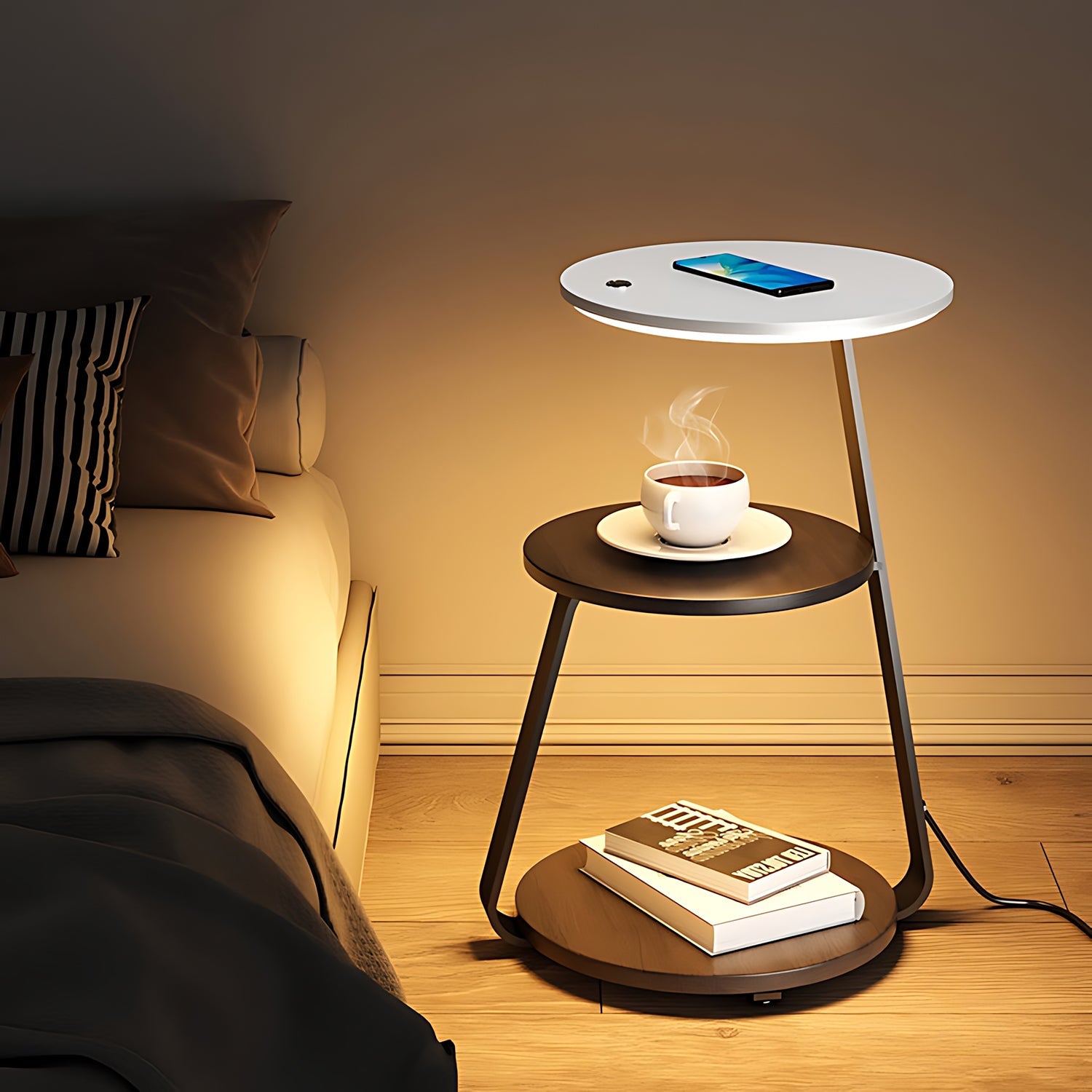 Modern side table with a cup of coffee, phone, and books in a bedroom setting.