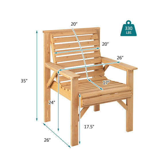 Wooden chair with measurements and weight capacity label on a white background