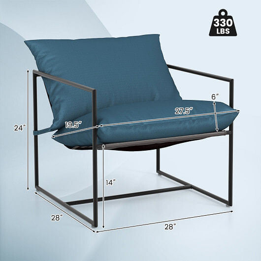 Blue cushioned chair with black metal frame and dimensions on a light blue background