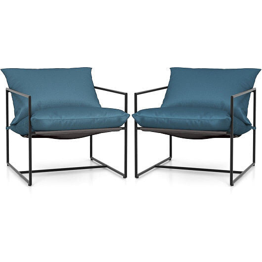 Two blue cushioned chairs with black frames on a white background