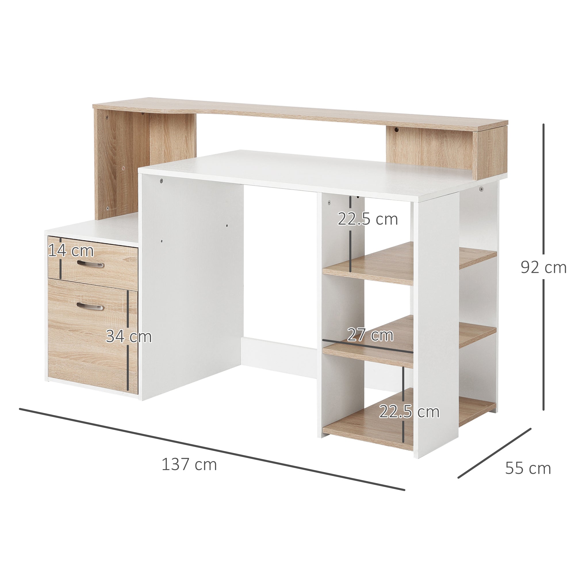 Computer Desk PC Table Modern Home Office Writing Workstation Furniture Printer Shelf Rack w/ Storage Drawer & Shelves (Oak and white)-2