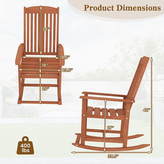 Wooden rocking chair with dimensions and weight capacity on a white background
