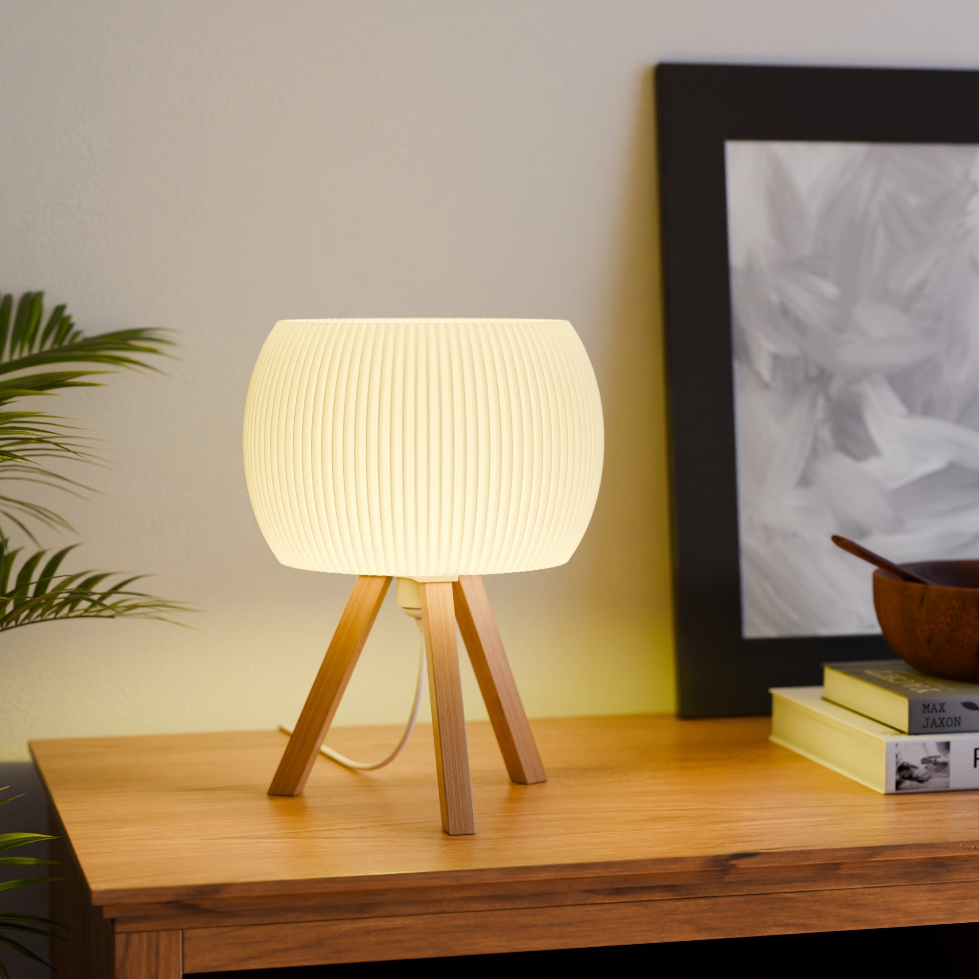 Table lamp with wooden base on a wooden surface next to a plant and framed picture