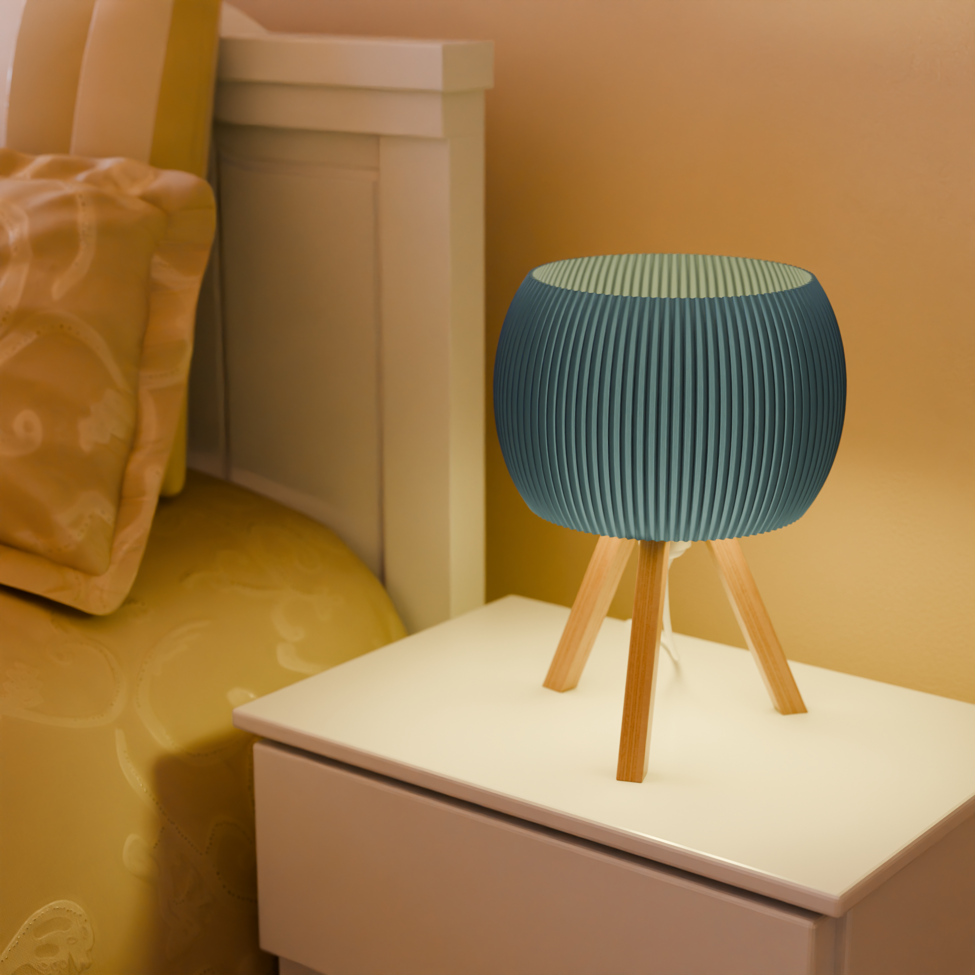 Blue textured table lamp on a white nightstand with a yellow pillow in the background