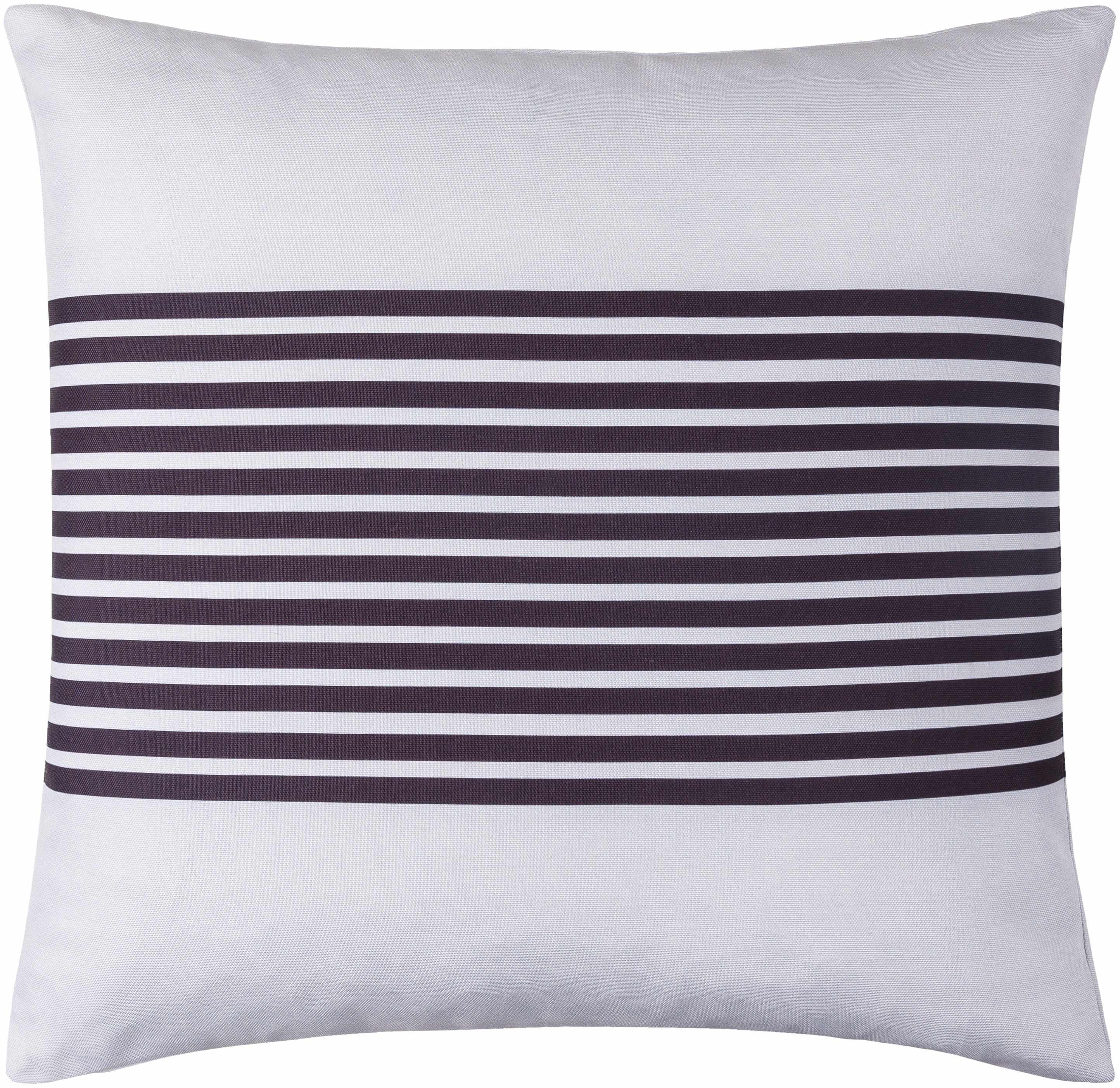Striped pillow with horizontal navy stripes on a white background