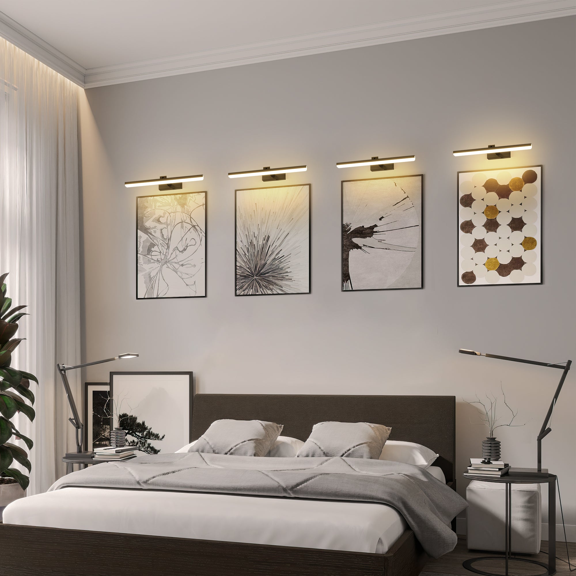 Modern bedroom with artwork on the wall and a bed in the center.