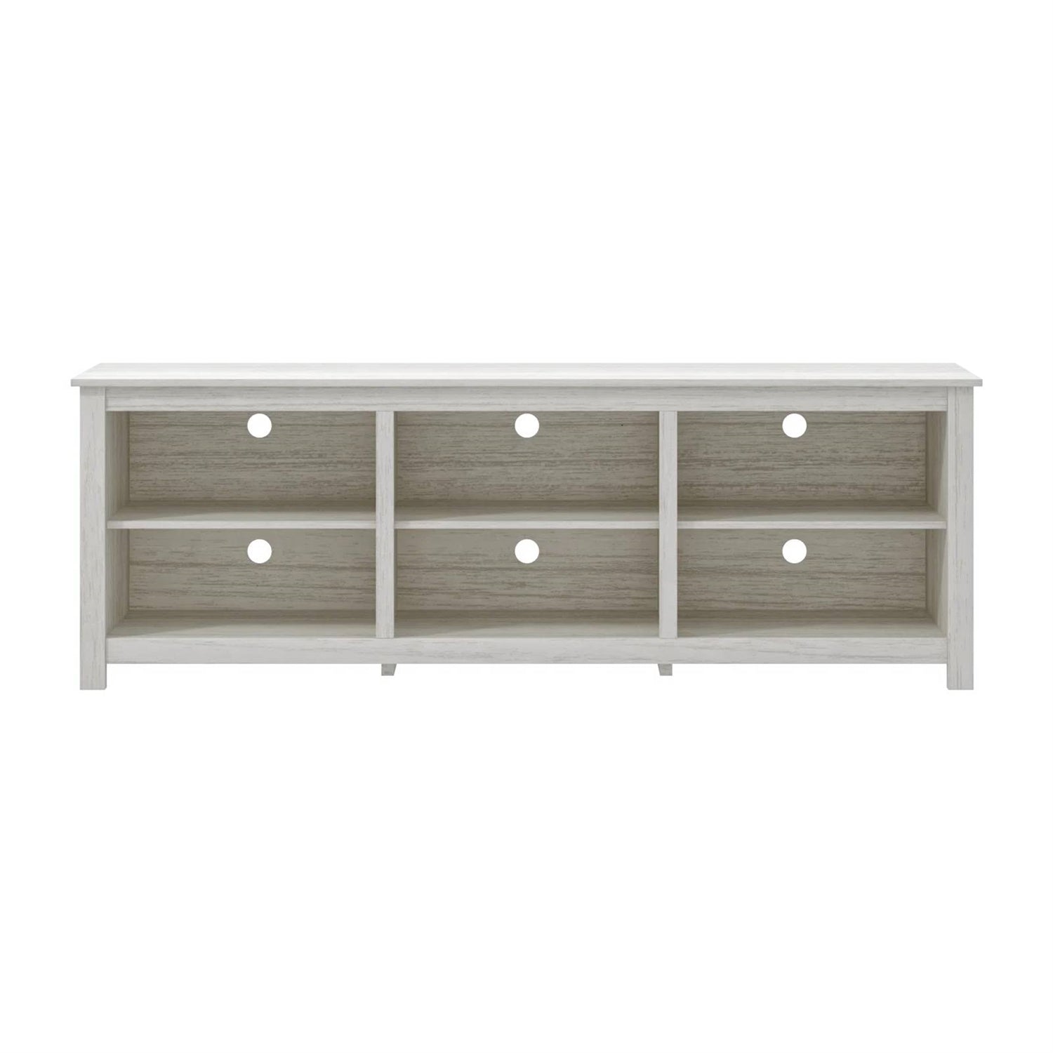 White entertainment console with wooden panels on a white background