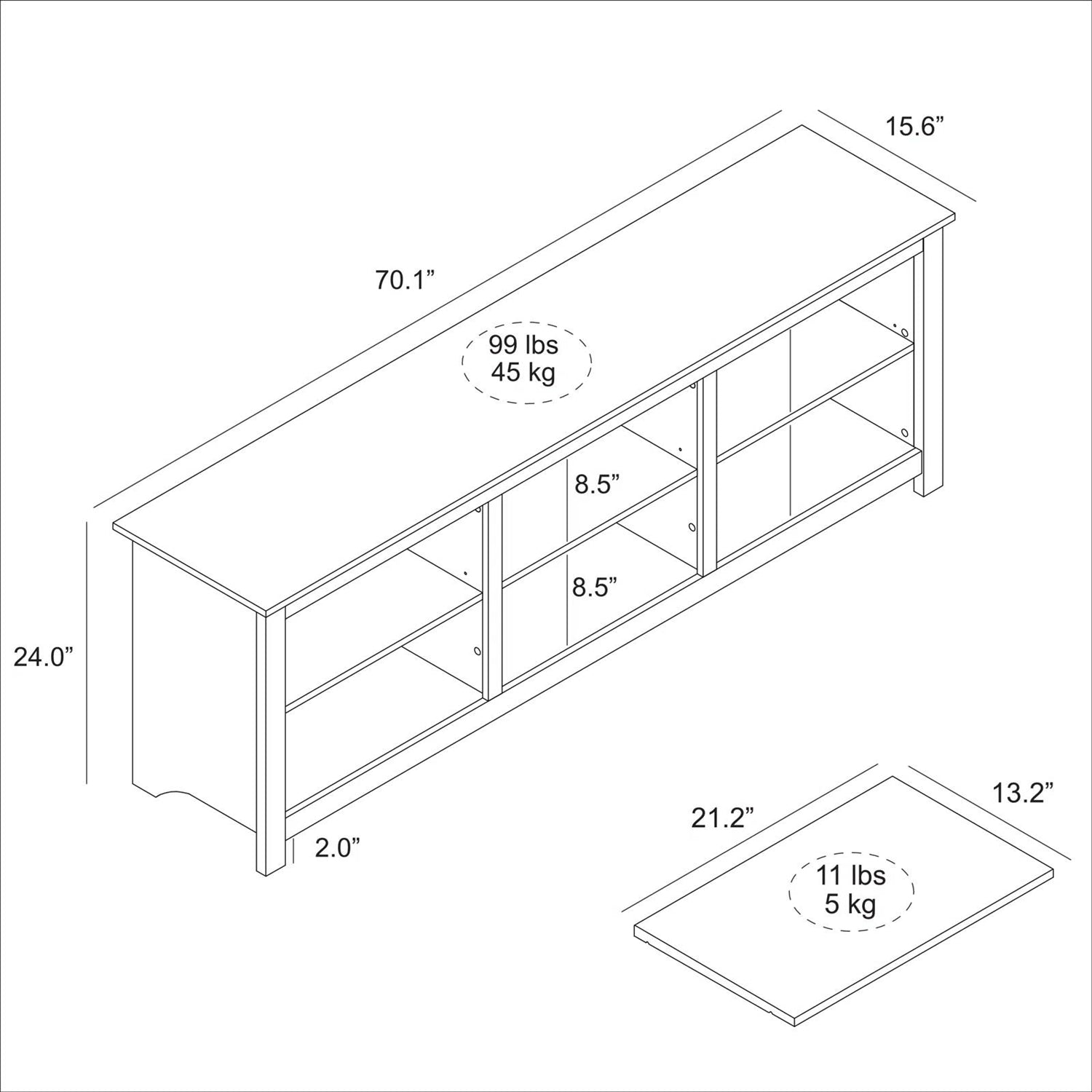 Technical drawing of a long rectangular object with dimensions and weight labels.