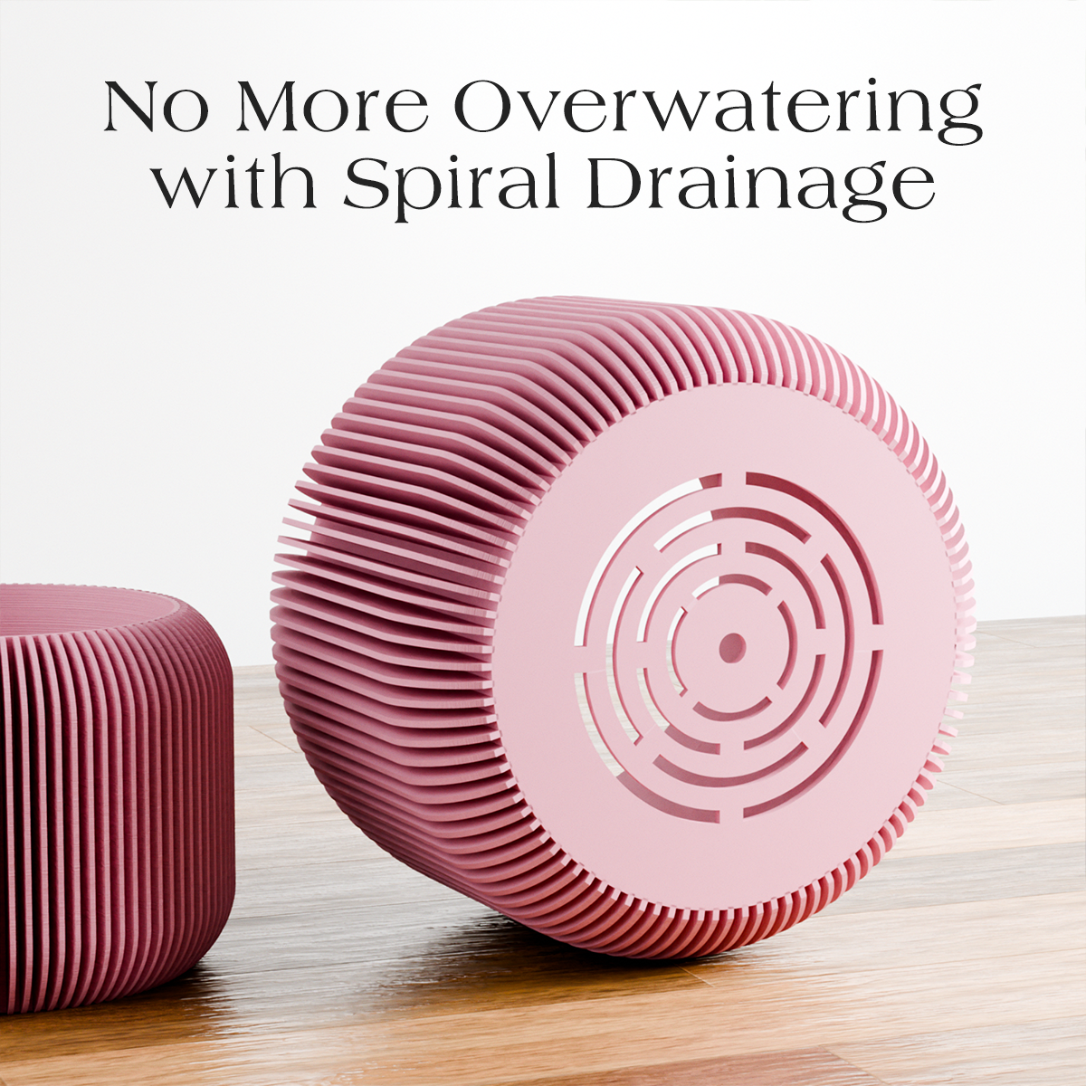 Pink cylindrical product with spiral drainage design on a wooden surface, text 'No More Overwatering with Spiral Drainage' above.