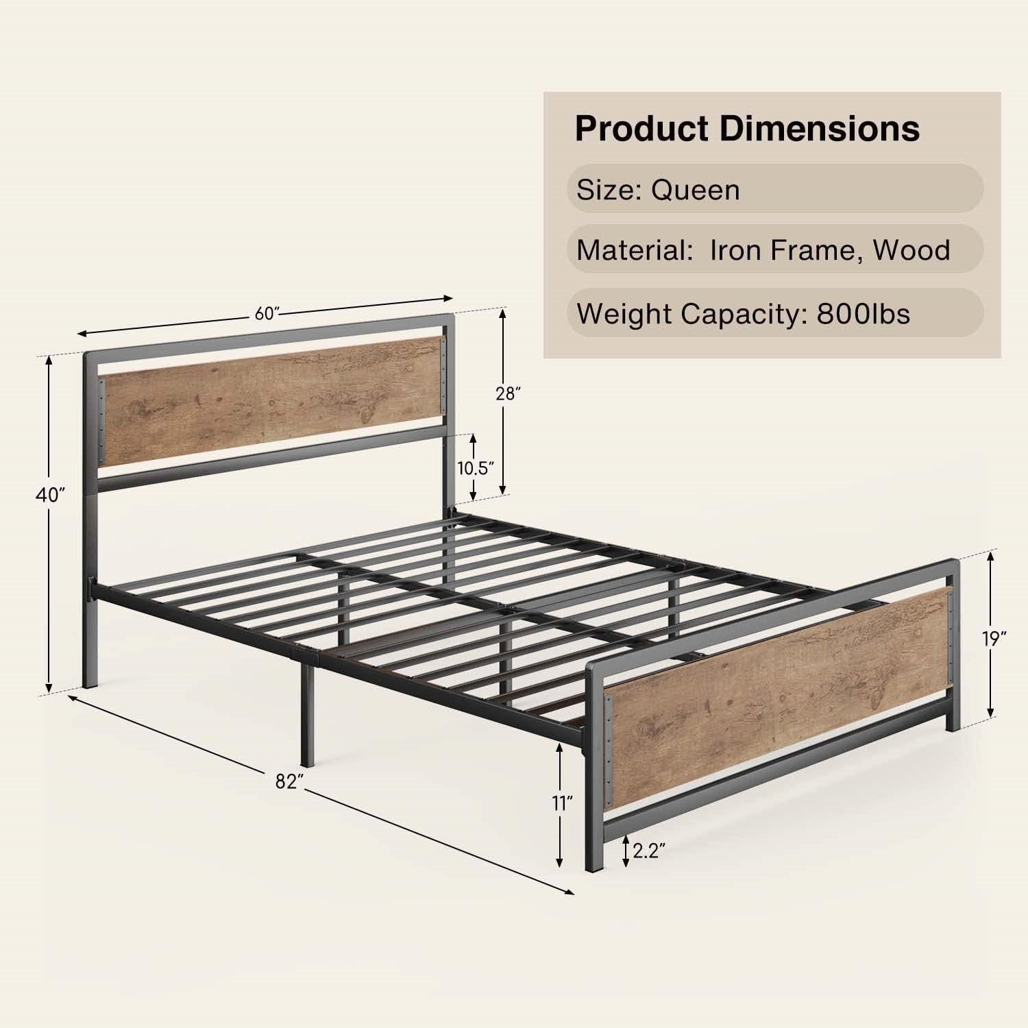 Bed frame with dimensions and product details on a beige background