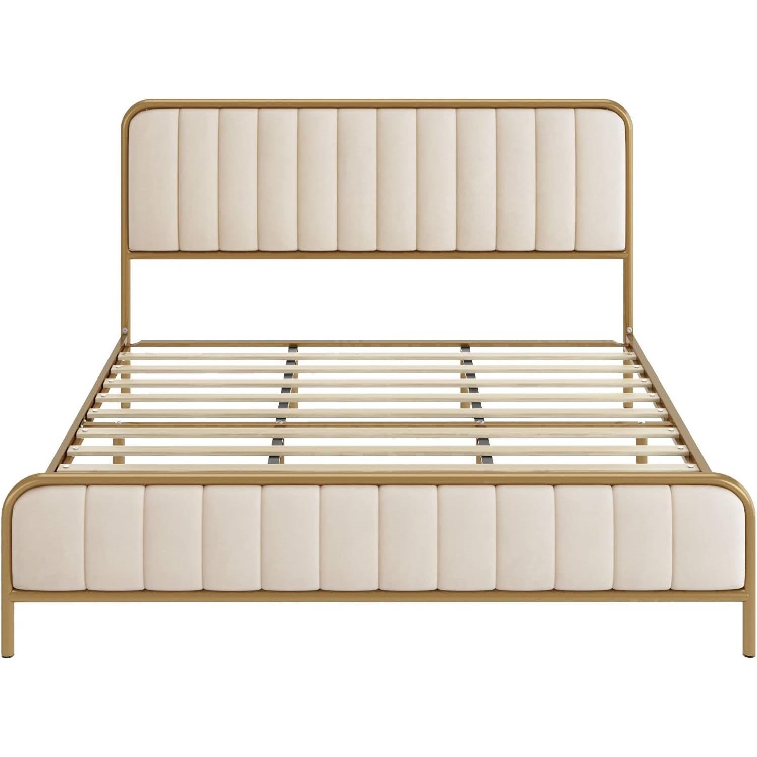 Gold metal bed frame with white cushioned headboard and footboard on a white background