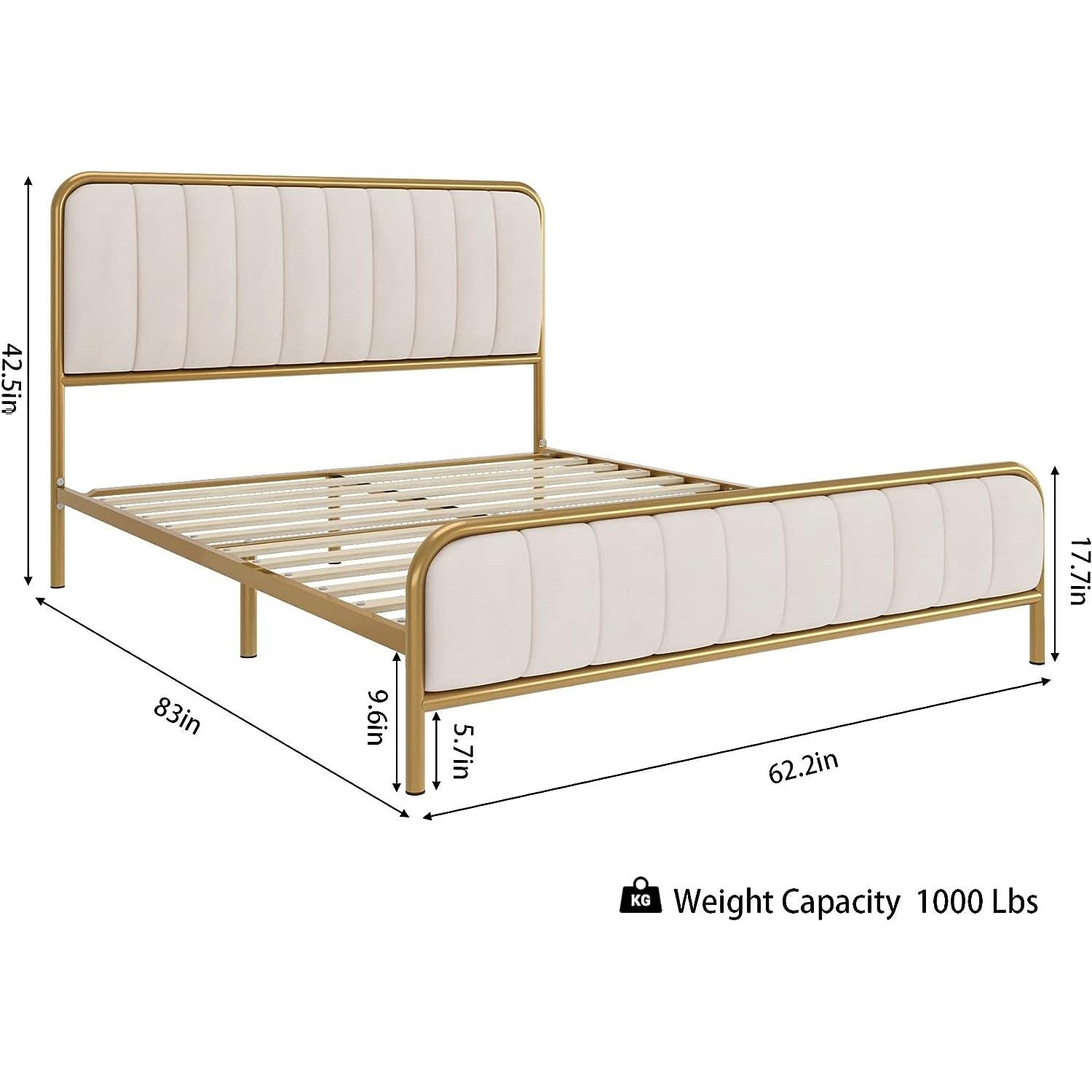 Gold metal bed frame with white cushioned headboard and footboard on a white background