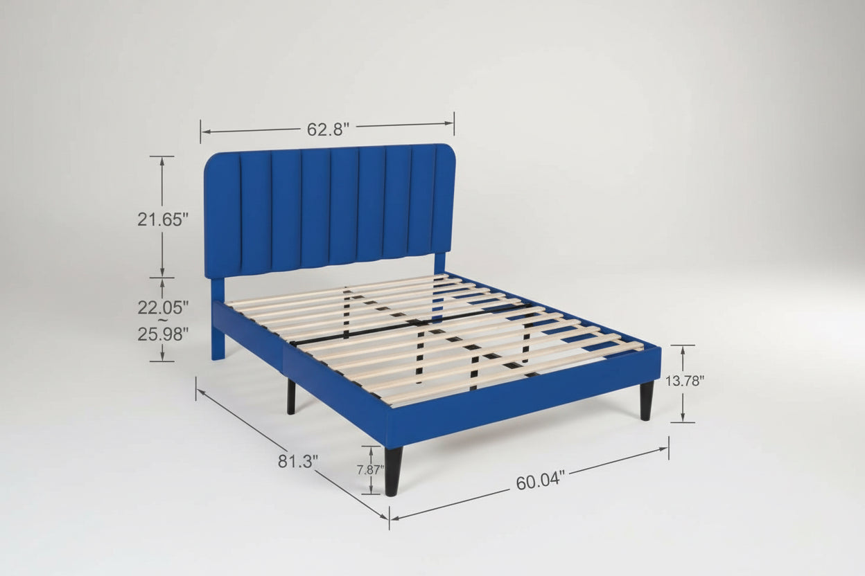 Queen size Blue Upholstered Platform Bed Frame with Headboard-4