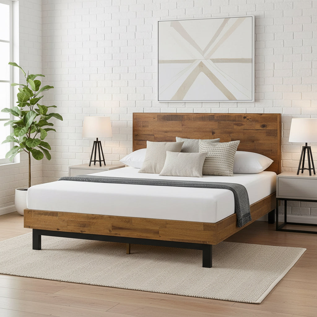 Wooden bed with white bedding in a modern bedroom setting.