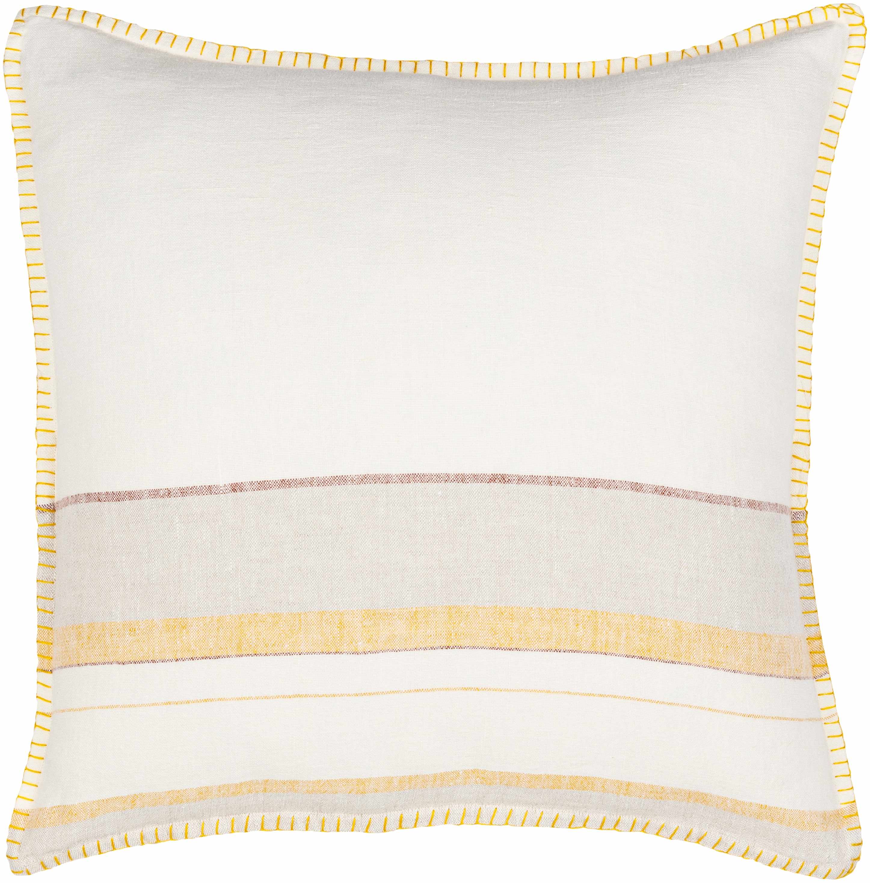 White pillow with yellow stripes and trim on a white background