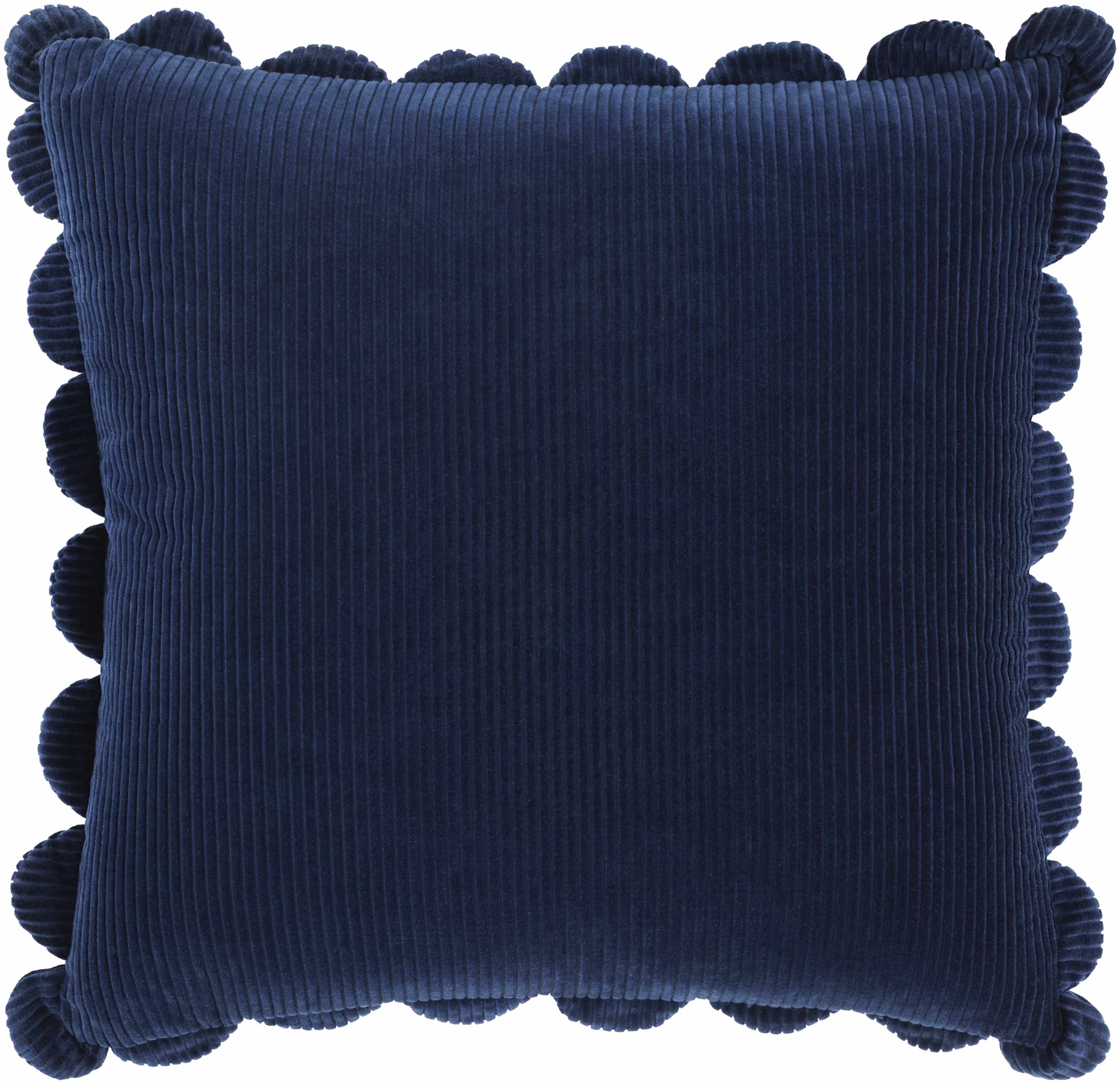 Navy blue pillow with pom-pom trim on a white background