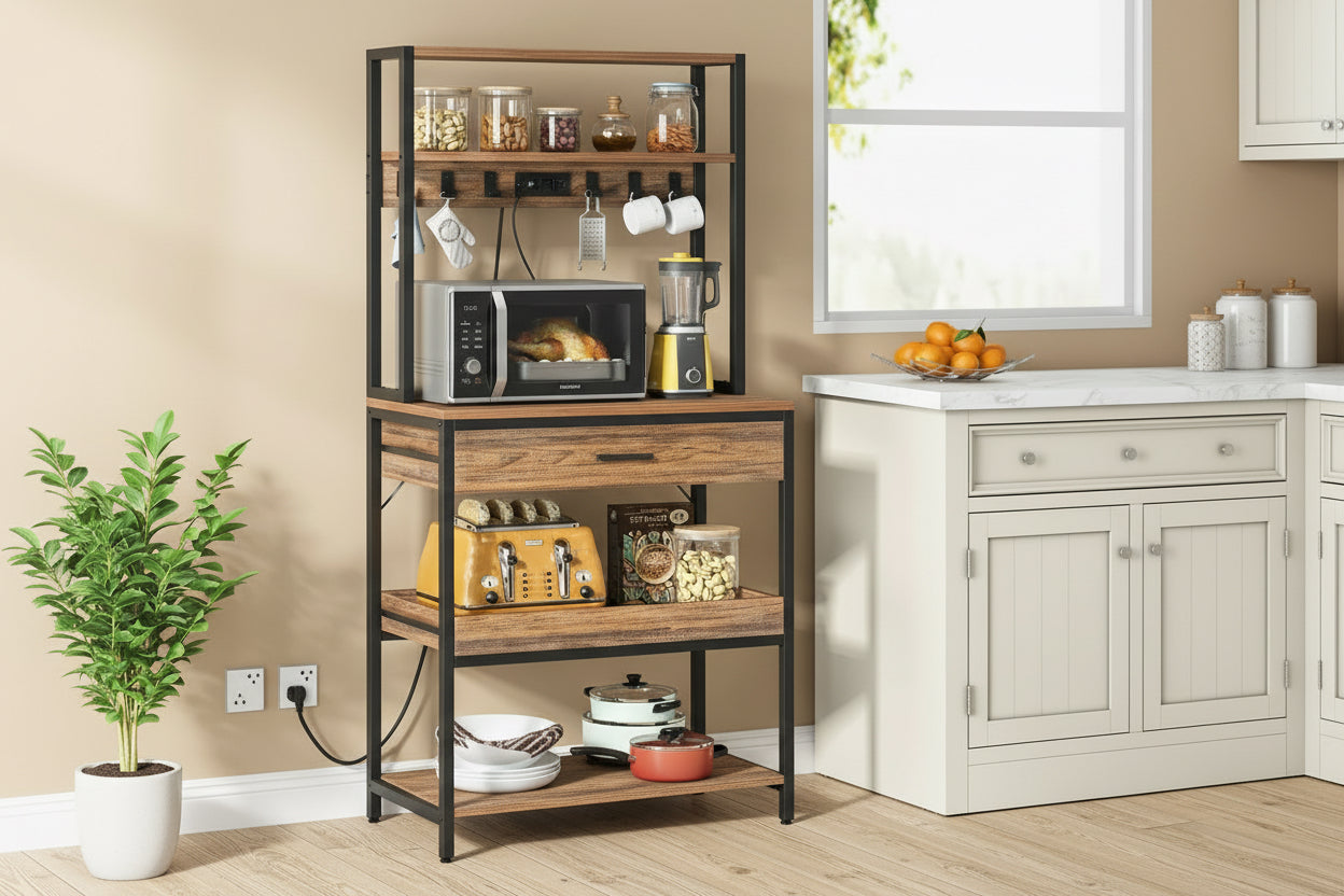 Modern Baker's Rack Shelving Unit with Pull-Out Shelves and Storage Drawer-0