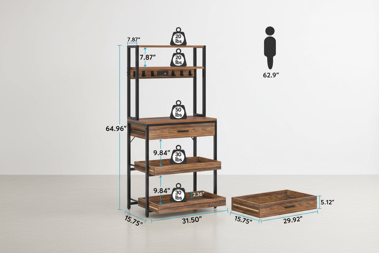 Modern Baker's Rack Shelving Unit with Pull-Out Shelves and Storage Drawer-4