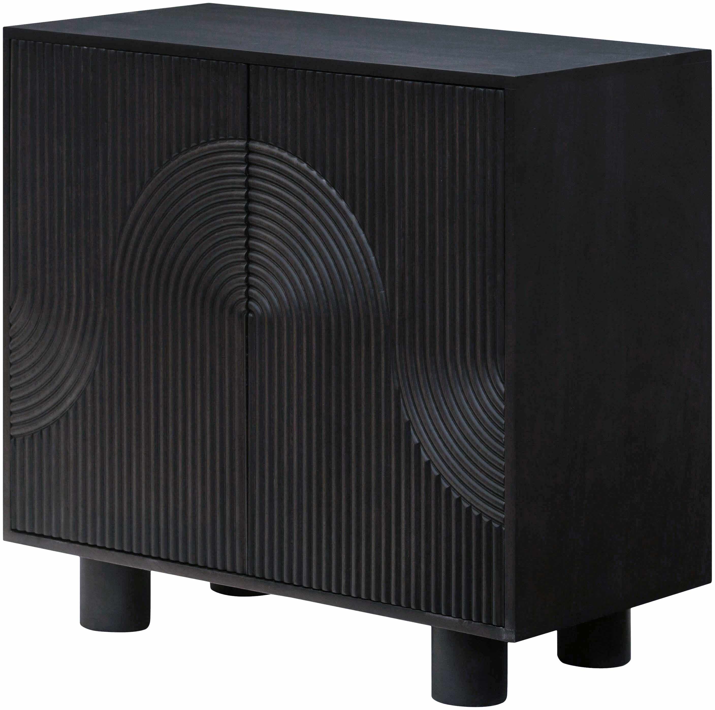 Black cabinet with decorative arches on a white background