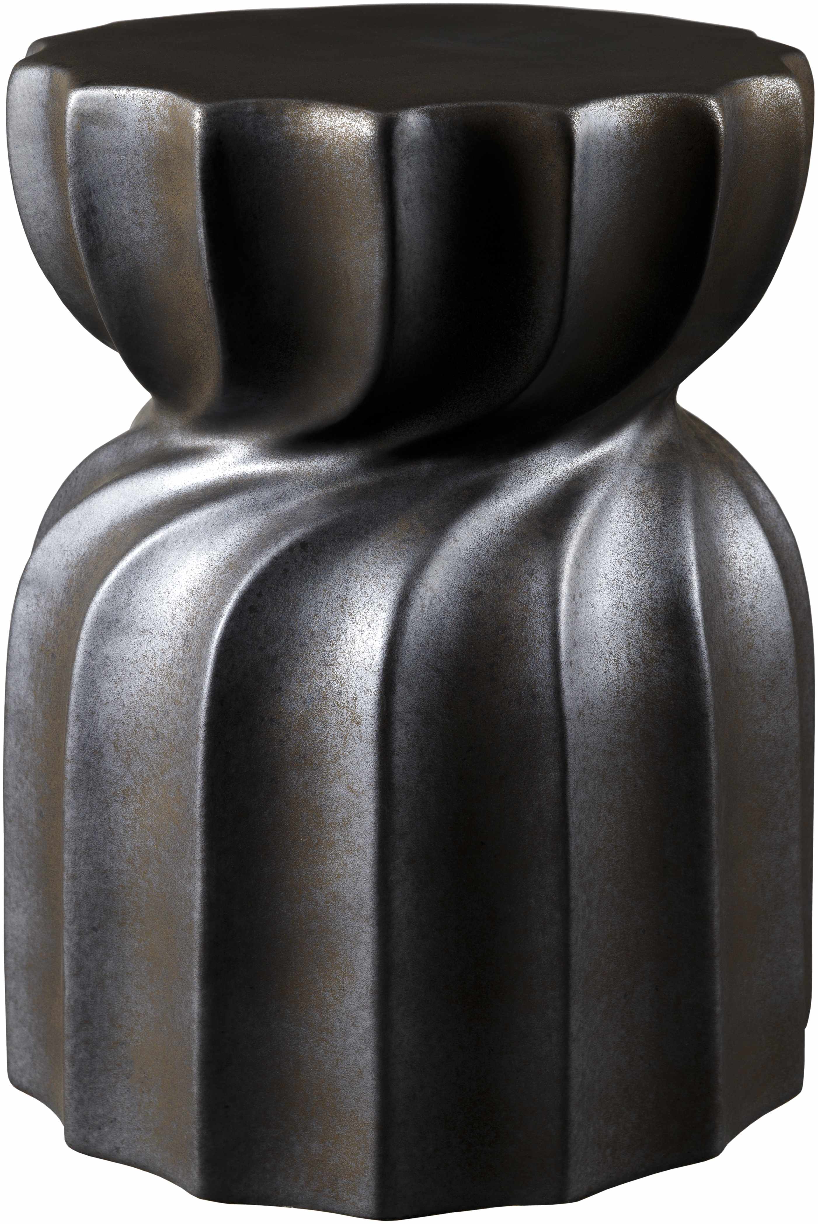 Decorative black and silver stool with a ribbed design on a white background