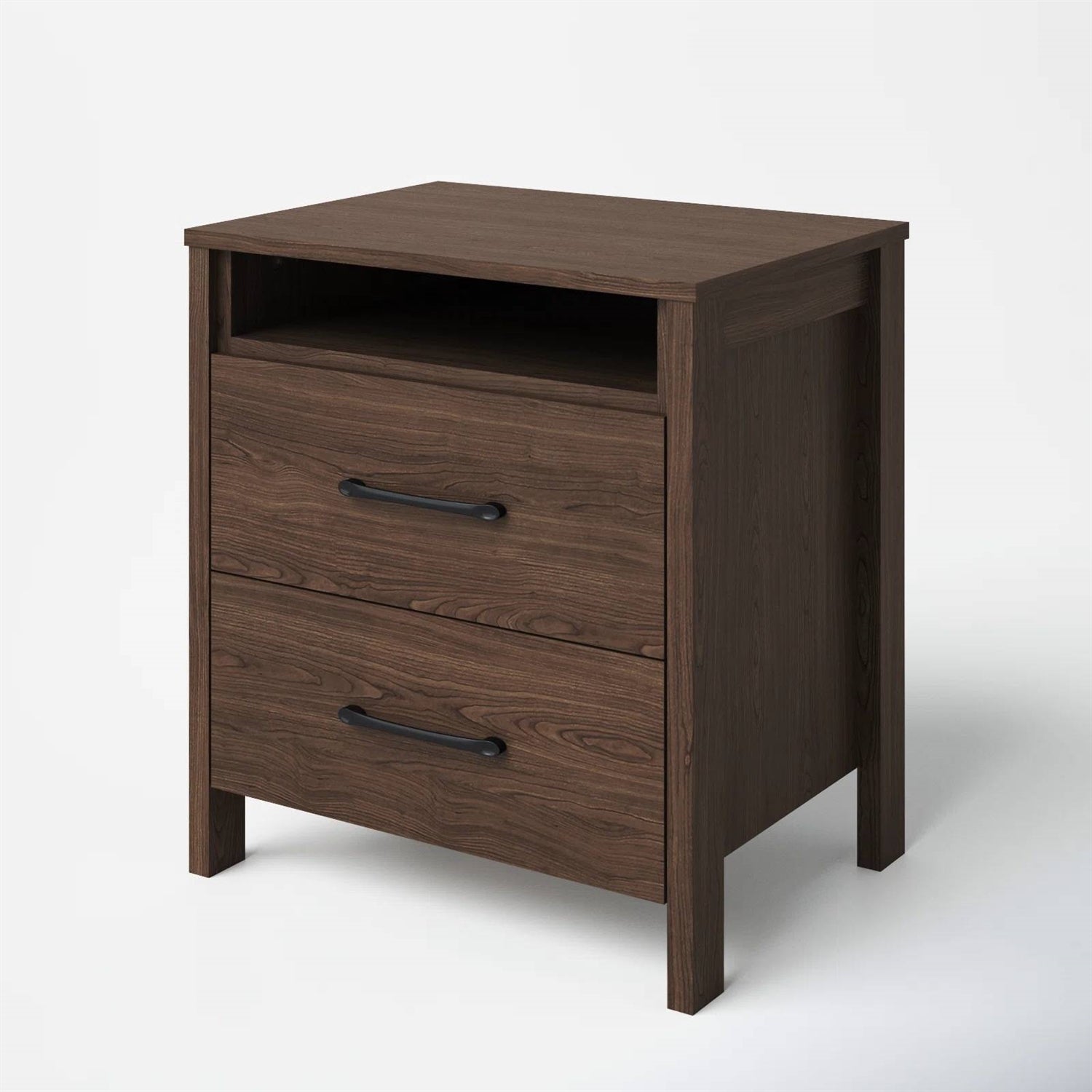 Wooden nightstand with two drawers on a white background