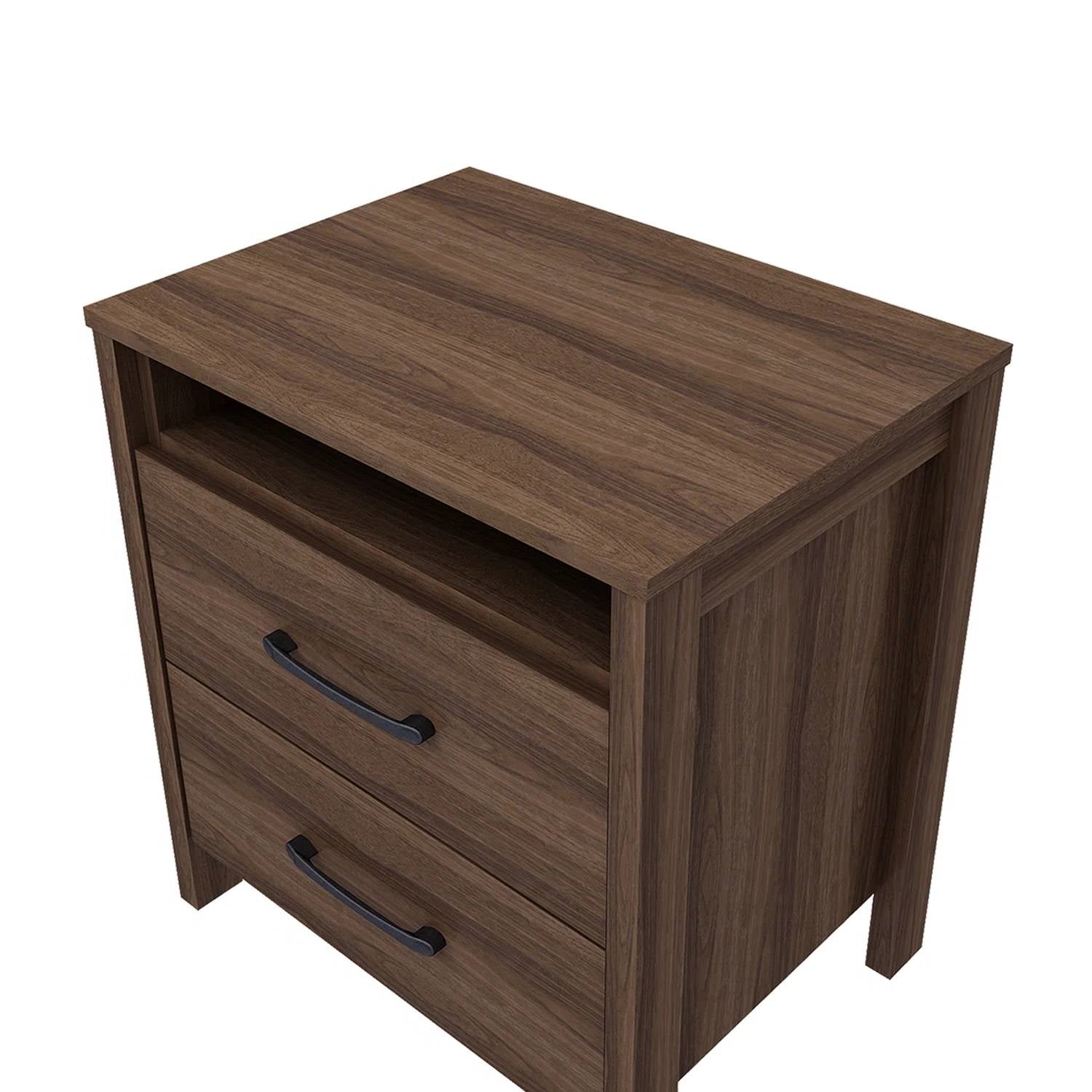 Wooden nightstand with two drawers on a white background